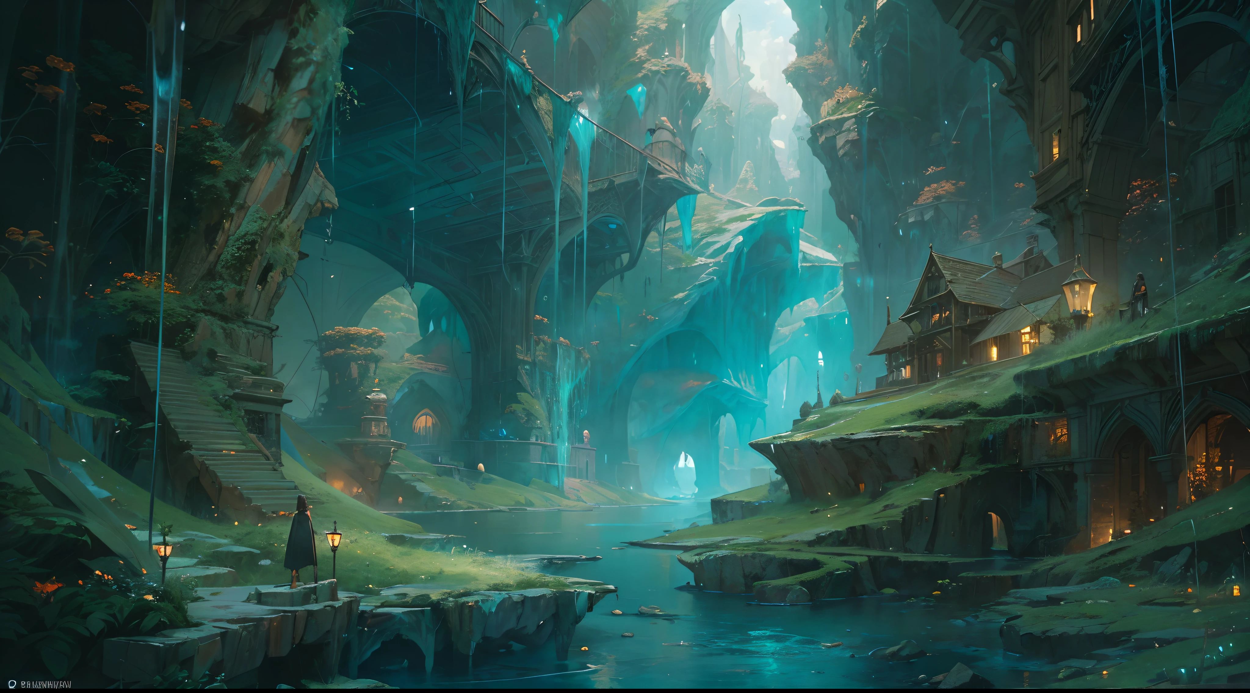 "(by Greg Rutkowski: 1.2), (masterpiece), (best quality), extremely delicate and beautiful, illustration, (fantasy landscape), A mesmerizing fantasy landscape with enchanting elements blending seamlessly. (Majestic crystal cave mine), huge crystal, adorned with vibrant blue hue glow reflecting off the surroundings. A sense of tranquility and wonder fills the air, inviting exploration and discovery. Providing a distant view that captures the grandeur and atmosphere. From Brian Froud and Carne Griffiths and Wadim Kashin and John William Waterhouse, 8K post-production, high resolution, hyperdetailed, depth of field, HDR, intricate"
