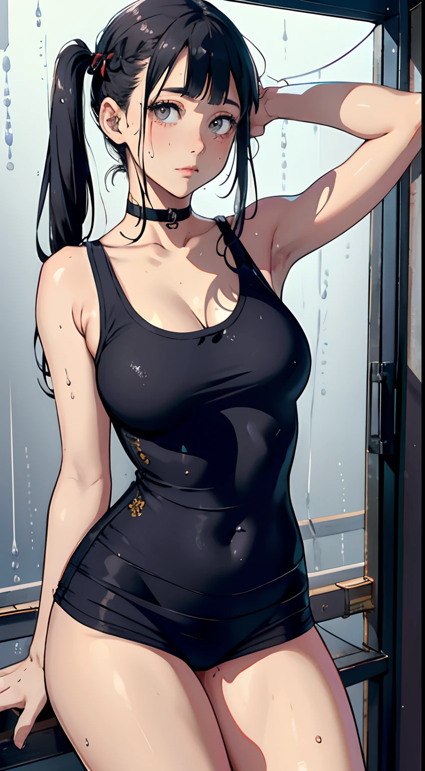 On the way to undress、unwear、Show Pubic Area、Top image quality,tmasterpiece、超A high resolution,(fidelity:1.4),Opening legs、Photore,1girll,Show tank top、Show armpits、JINS、Navel、a blond、short-hair、Middle division、No bangs、Forehead、Pigtails、Braids、Lustrous hair、Eye lashes、Beautiful pupils,eyeshadows、deadpan,Mole near the eye、Young features,Rational facial features、Real rain、Wet hair