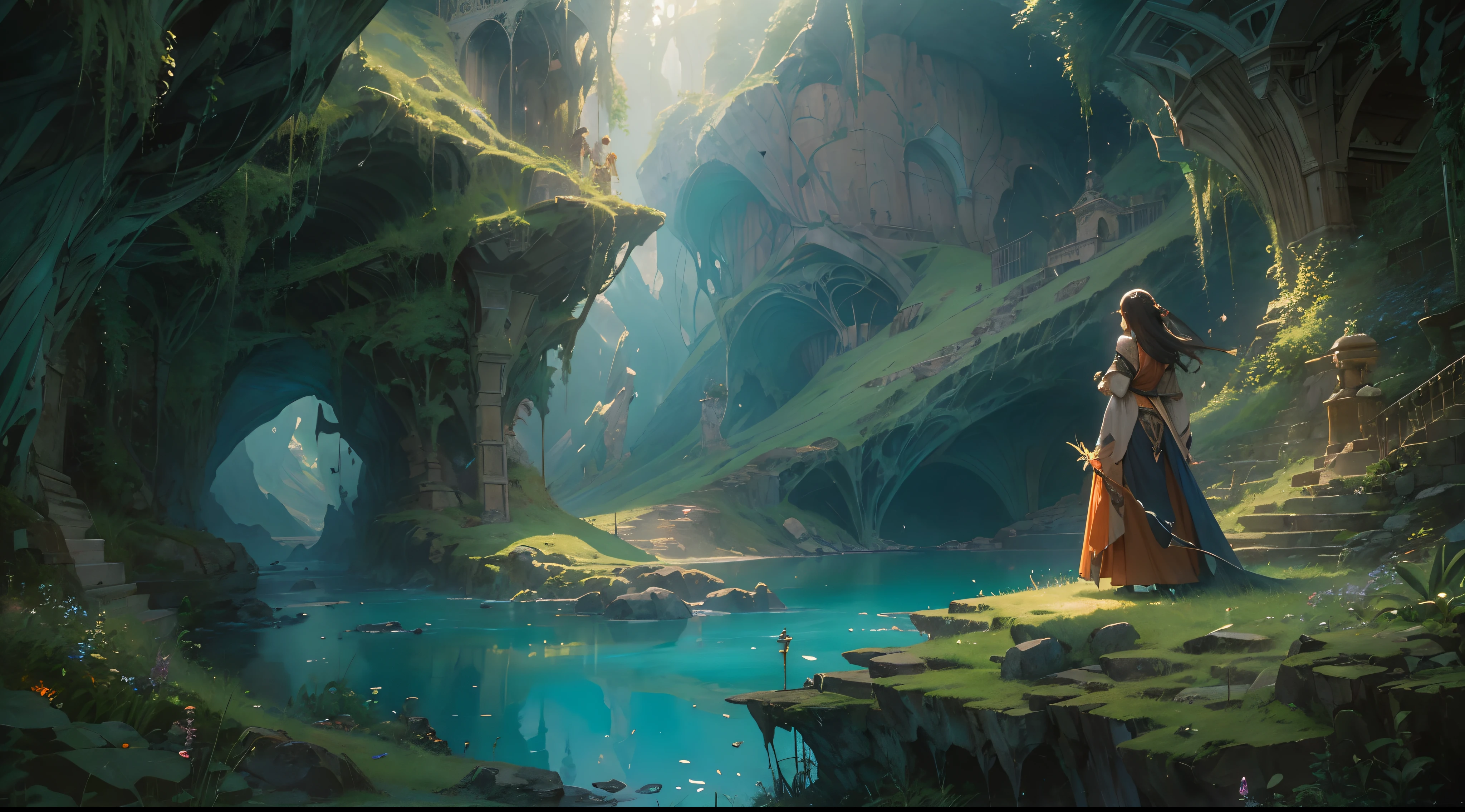 "(by Greg Rutkowski: 1.2), (masterpiece), (best quality), extremely delicate and beautiful, illustration, (fantasy landscape), A mesmerizing fantasy landscape with enchanting elements blending seamlessly. (Majestic crystal cave mine), huge crystal, adorned with vibrant blue hue glow reflecting off the surroundings. A sense of tranquility and wonder fills the air, inviting exploration and discovery. Providing a distant view that captures the grandeur and atmosphere. From Brian Froud and Carne Griffiths and Wadim Kashin and John William Waterhouse, 8K post-production, high resolution, hyperdetailed, depth of field, HDR, intricate"
