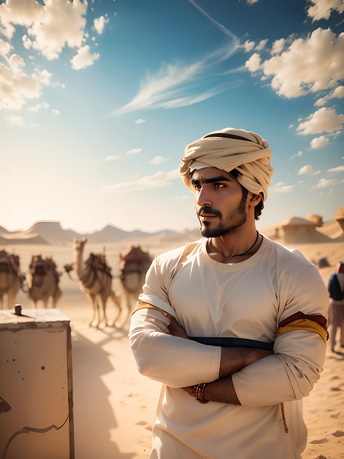 Arabic guy with camel , realistic photo