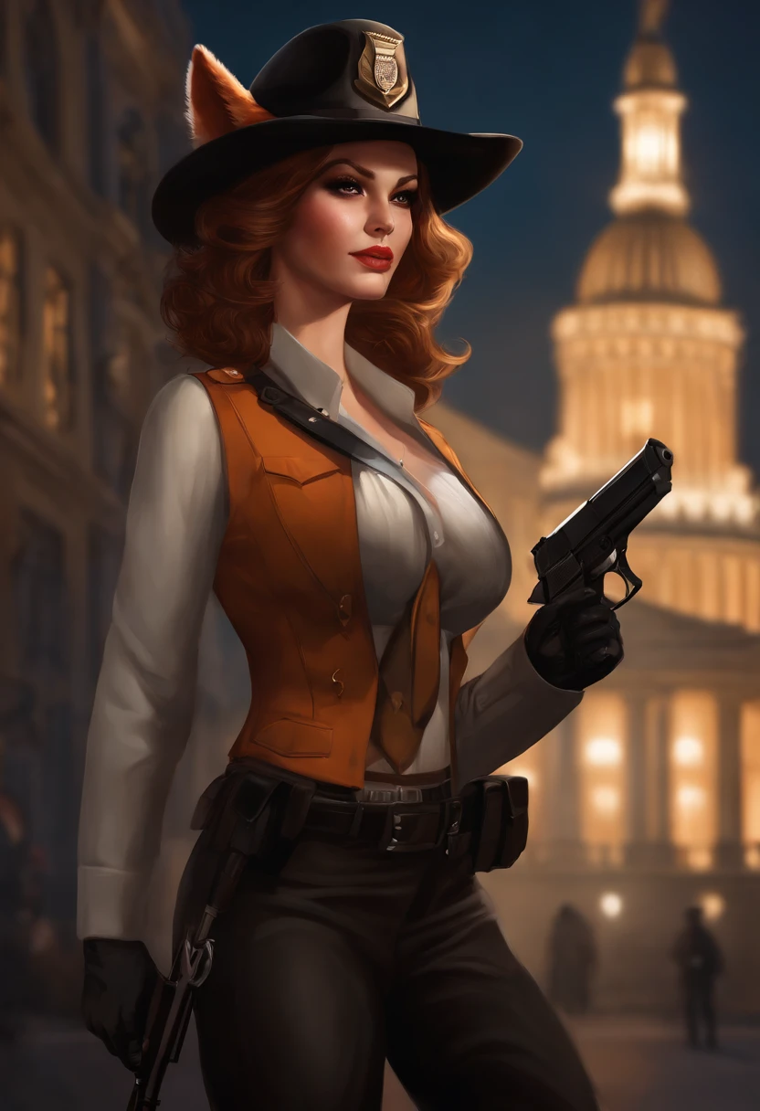 Fox girl, Big chest, day, Sexy, Sensual, Detailed, upload on e621, Beautiful and detailed portrait of anthropomorphic vixen ((Female))) Kenket, ross tran, ruanjia, upload on e621, zaush, Foxovh, Movie lighting, Dress up as an American police officer,, Long hair, Night, mysterious, Incognito, Dramatic, , , Smoking, Vibrant colors, Gloomy, Backlight, Very detailed background,Background White House, , Black cowboy hat, looking towards camera，irate