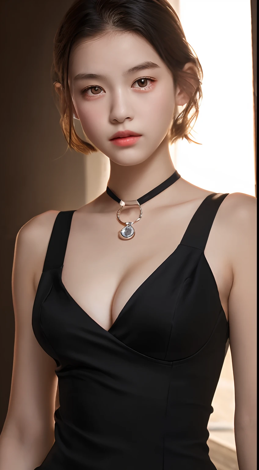 ((-teen girl)), tilack dress with square neckline, cleavage breasts, waist-high black tights, high heels, close-up, very light skin, short hair, shopping mall, photorealistic, indirect lighting , volumetric light, ray tracing, hyperdetailed