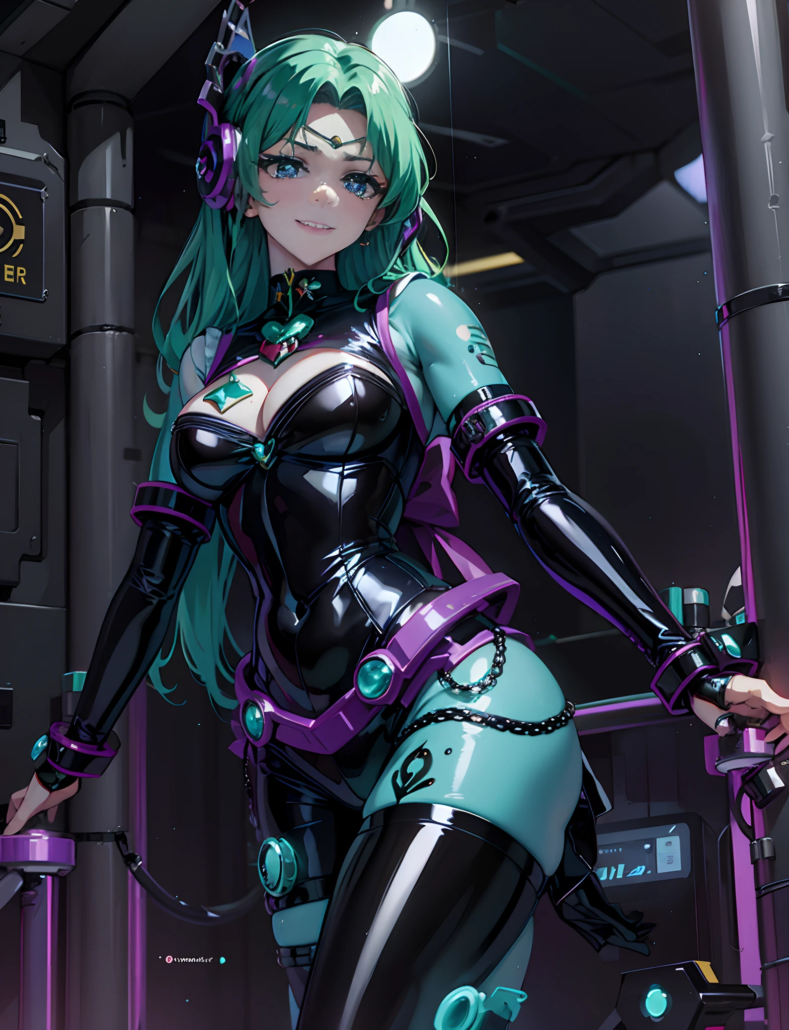 Sailor Neptune of the Fall。female solo. Brainwashed eyes。Evil costume. nefarious smirk。Latex Costume. Full Body Stockings. Futuristic machine background.