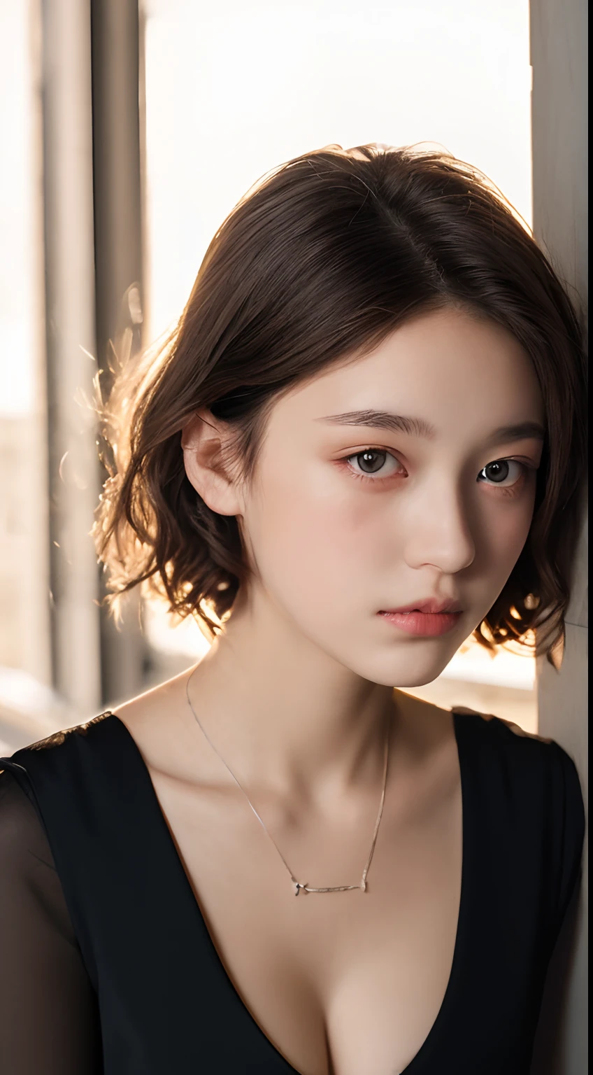 ((-teen girl)), tilack dress with square neckline, cleavage breasts, waist-high black tights, high heels, close-up, very light skin, short hair, shopping mall, photorealistic, indirect lighting , volumetric light, ray tracing, hyperdetailed
