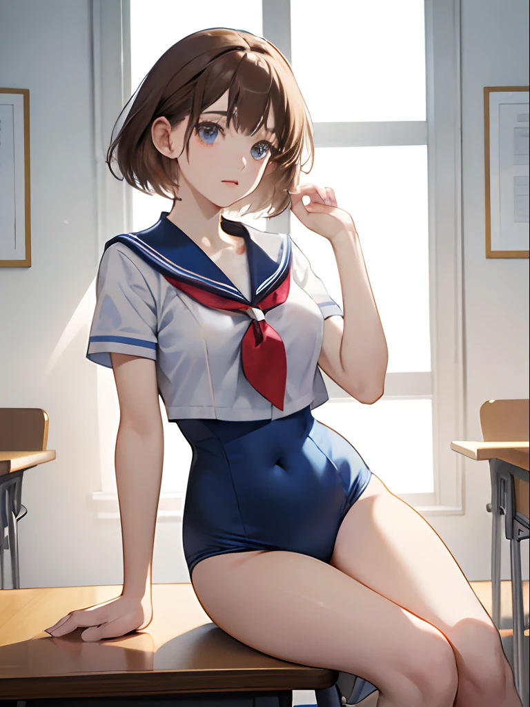 (White Sailor School Uniform Tops), Red tie, School Swimsuit, (Blue one-piece swimsuit), Sailor collar, White socks, lowfers,Light brown fringe short hair、Light brown eyes、1girll、Innocent、(Photorealsitic)、(intricate detailes:1.2)、(​masterpiece、:1.3)、(top-quality:1.4)、(超A high resolution:1.2)、超A high resolution、(A detailed eye)、(detailed facial features)、nffsw、8K分辨率、、(lensflare:0.7)、爆乳、Sitting on a desk in a classroom