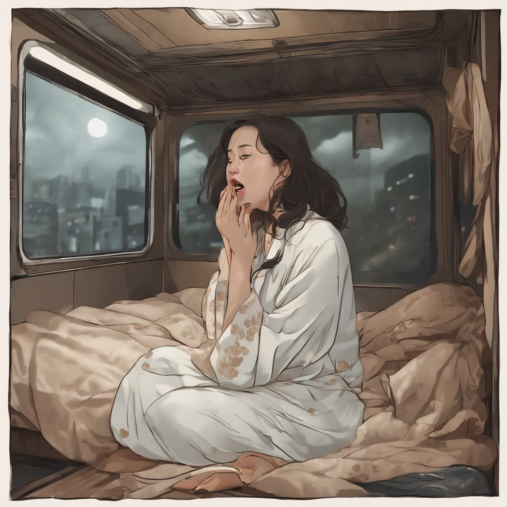 Ultra-hyperreal、Severe gusts of wind and pouring rain、Woman's bedroom at night with a large bed with closed dirty curtains due to a large amount of rotting internal organs, seafood, Manure and vomit and crustacean debris scattered in contaminated, white, cloudy sewage bent and flowing on the train floor.、Japan fat woman in her 20s holding umbrella、Contorting the face into a stench、Wearing a look of anguish、Spit out a large amount of food or internal organs through a wide open mouth