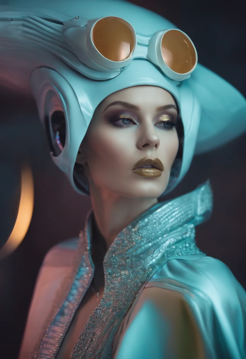 alien fashion, editorial shoot, retrofuturistic, pastels, portrait,