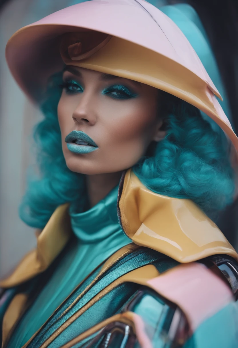 alien fashion, editorial shoot, retrofuturistic, pastels, portrait,