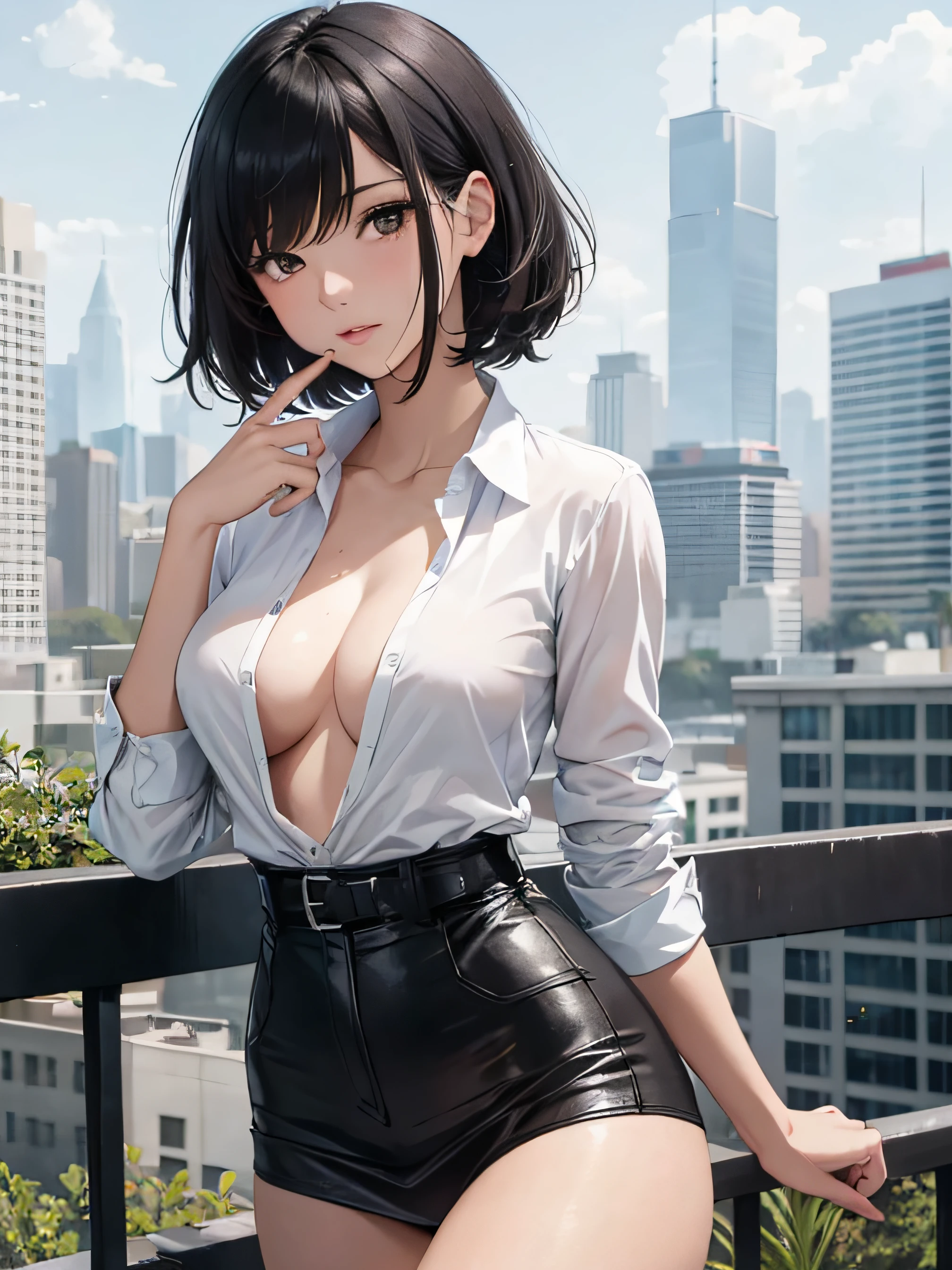 a girl with low-cut shirt, medium breasts, flirtatious look, very well detailed, cityscape or academy, black hair,