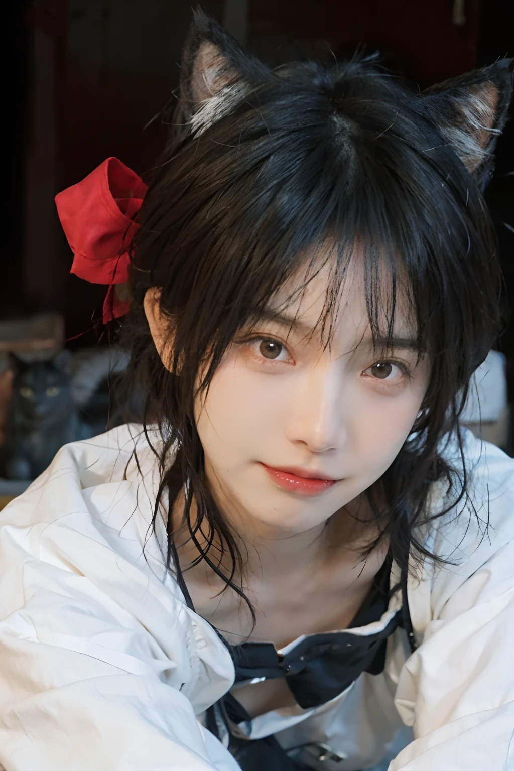 8K,NSFW、 (Being on all fours)、White hair、Best Quality, masutepiece, Ultra High Resolution, (Realism: 1.4), Original photo, Colors inspired by red、(True skin texture: 1.3), (Film grain: 1.3), Beautiful eyes and face details, shorten the head、masutepiece, Best Quality, close up, Full body, Look at the viewer,Blue Ribbon、greys、Black Bob Cut、18year old、Black cat ears