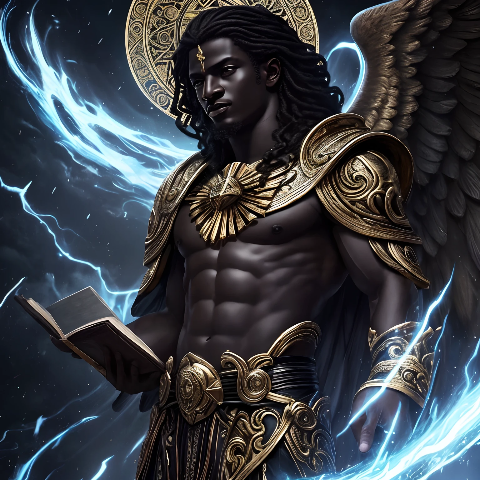 He is Cherub, semelhante a imagem de deus, perfeito, 8k, 4k, cabelos curtos crespo, homem negro, sombras escuras, Hyper res, unique quality, Evil face, descending from the heavens, homem negro, pele escura, Holy Bible to use, roupas brancas.