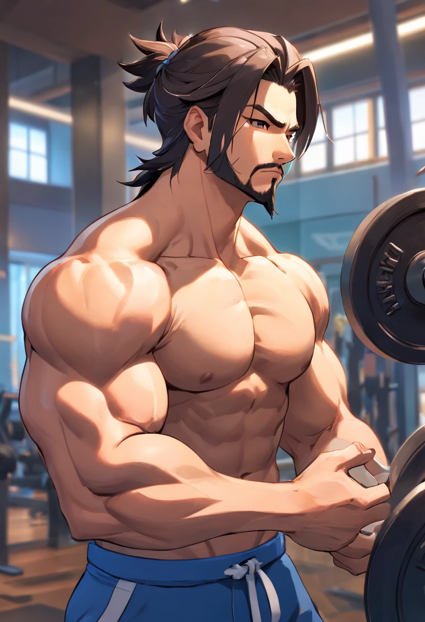 Hanzo Overwatch working out in a bodybuilding gym, well-defined muscles, focus in muscles, detailed biceps and triceps, cabelo perfeito, rosto perfeito, perfect hands, dedos perfeitos