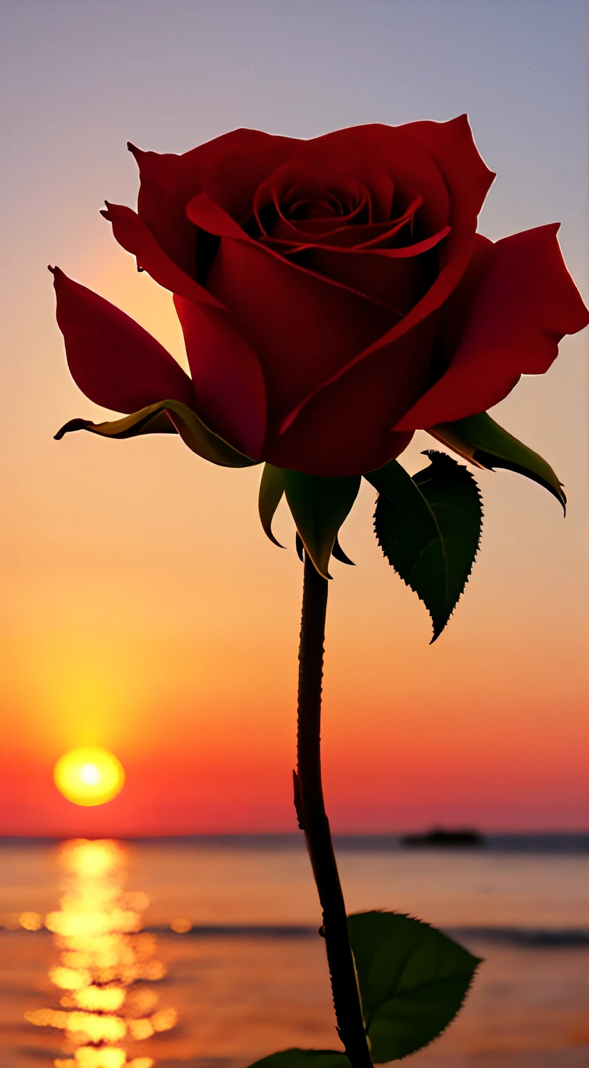 Close-up shot, a rose flower, the background is the gorgeous sunset by the sea, real texture, warm