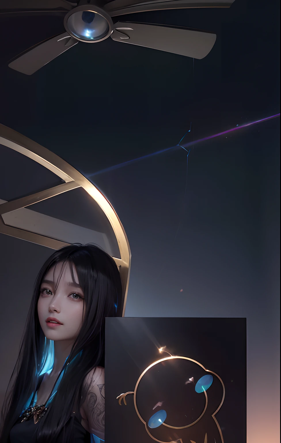 1girll,(enchanced quality:1.4),(Top quality true texture skin), Delicate face,Black hair, Gradient hair, Petite body,(perfect bodies:1.1), There are precious stones on the forehead, rimless eyewears, Sparkling pupils,long eyelasher,grin, hyper photorealism, Cinematic lighting, projected inset, surrealism, hyper HD, Masterpiece, 16k,Lie down,dream on,Wear transparent silk pajamas,Carmelto,Legs slightly open,Tattooed with,Fantasy space,Luxurious space