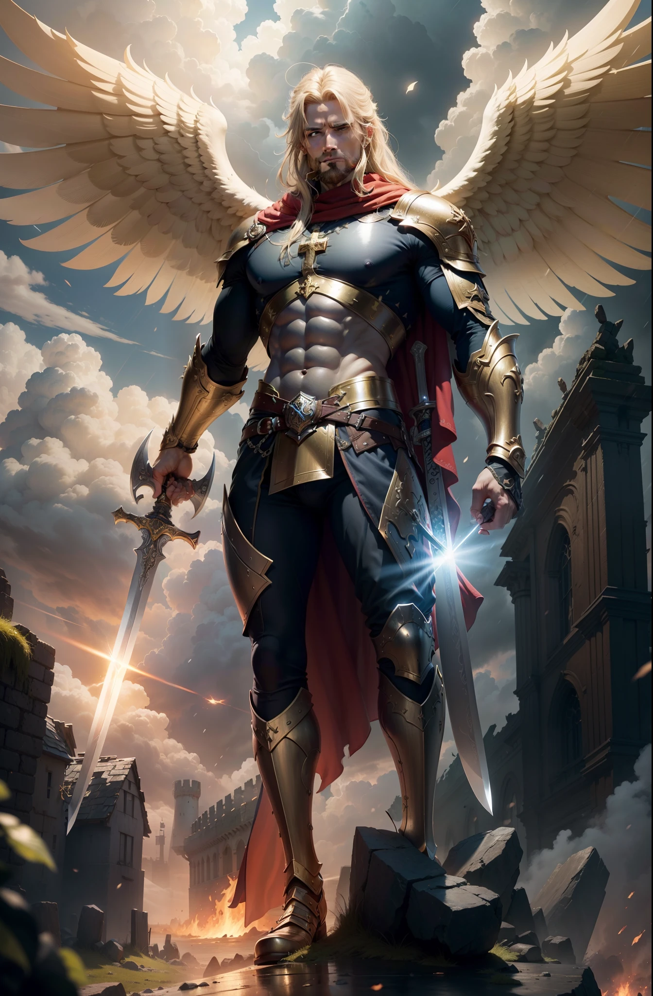 ((Sword and Shield held close to his chest)), a massive great broad sword, a round golden shield held before, A fierce and noble English knight stands tall in the midst of a raging storm, his chainmail glinting in the lightning as he bravely defends his ruined castle, a large Christiaan cross on his chest plate, and a large golden Christiaan cross on his shield, Rendered in stunning 24k resolution, every intricate detail of his shield and sword is brought to life, a symbol of his unwavering faith and courage