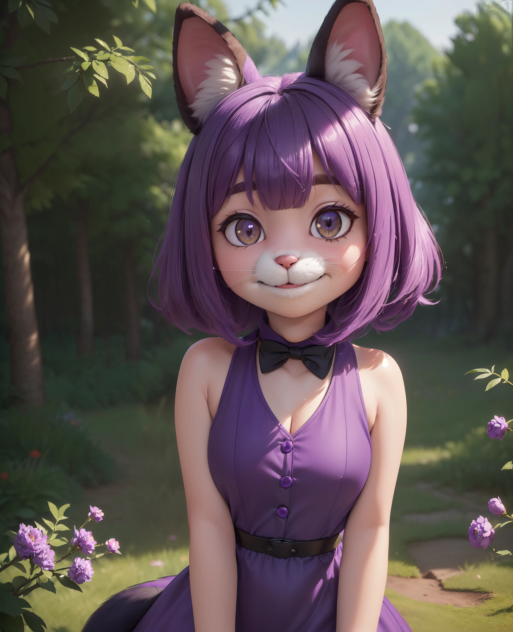 (best quality, highest quality, inticate, highres, 8k, anthropomorphic, furry, uploaded_on_e621:1.4), cute rabbit furry girl,furry female,rabbit ears,purple hair, purple dress,sleeveless, purple skin,in forest,looking at viewer,smile,closed mouth,flowers,slightly above,