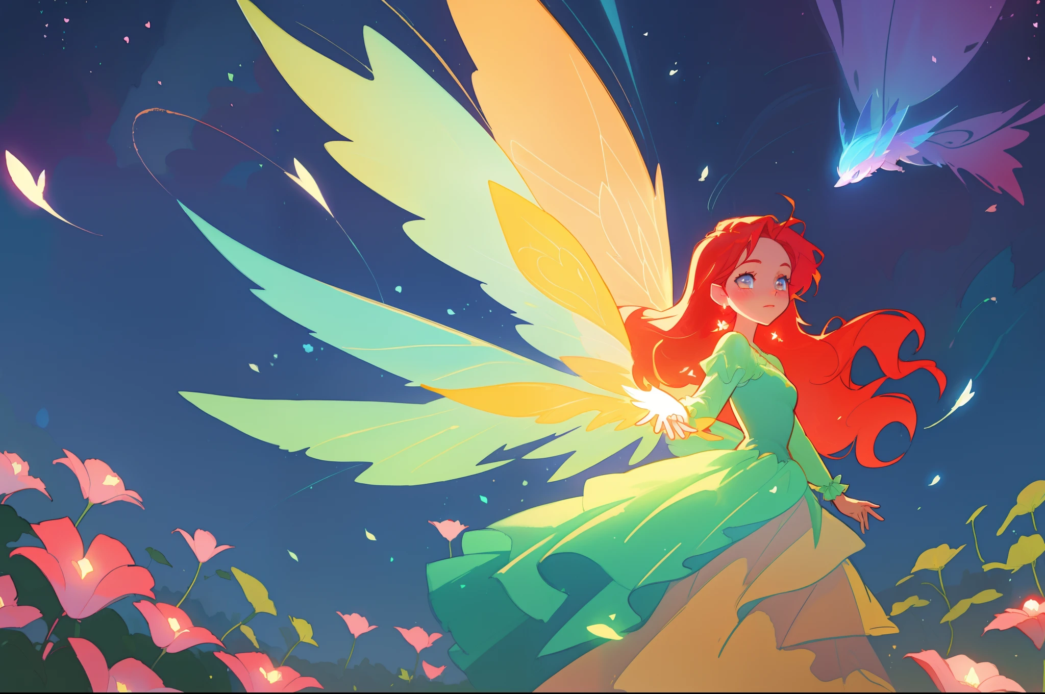 beautiful girl in flowing layered puff long sleeve ballgown, (large fairy wings), glowing flowing ballgown, glowing red hair, sparkling fairy wings, watercolor illustration, flowers and colorful plants, inspired by Glen Keane, inspired by Lois van Baarle, disney art style, by Lois van Baarle, glowing aura around her, by Glen Keane, jen bartel, glowing lights! digital painting, flowing glowing hair, glowing flowing hair, beautiful digital illustration, fantasia otherworldly landscape plants flowers, beautiful, masterpiece, best quality, anime disney style