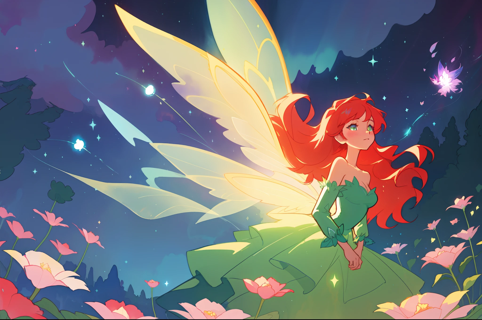 beautiful girl in flowing layered puff long sleeve ballgown, (large fairy wings), glowing flowing ballgown, glowing red hair, sparkling fairy wings, watercolor illustration, flowers and colorful plants, inspired by Glen Keane, inspired by Lois van Baarle, disney art style, by Lois van Baarle, glowing aura around her, by Glen Keane, jen bartel, glowing lights! digital painting, flowing glowing hair, glowing flowing hair, beautiful digital illustration, fantasia otherworldly landscape plants flowers, beautiful, masterpiece, best quality, anime disney style