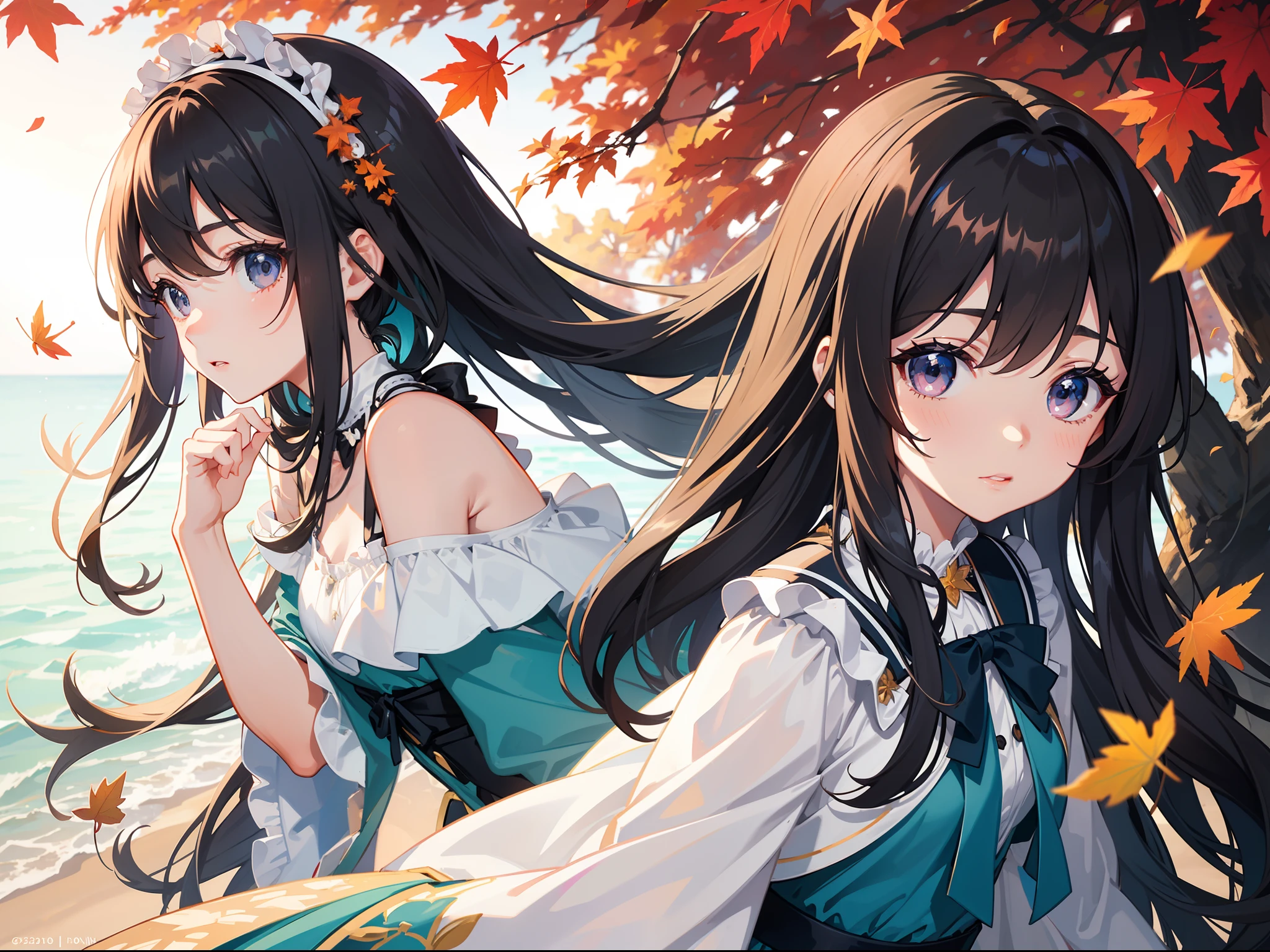 Pretty girl　evening　You can see the sea in the distance　A park on a hill with autumn leaves　Light blue long hair　Black eyes　colorfull dress　Very Beautiful Little Girl　Photo of falling leaves fluttering　Face Highlights