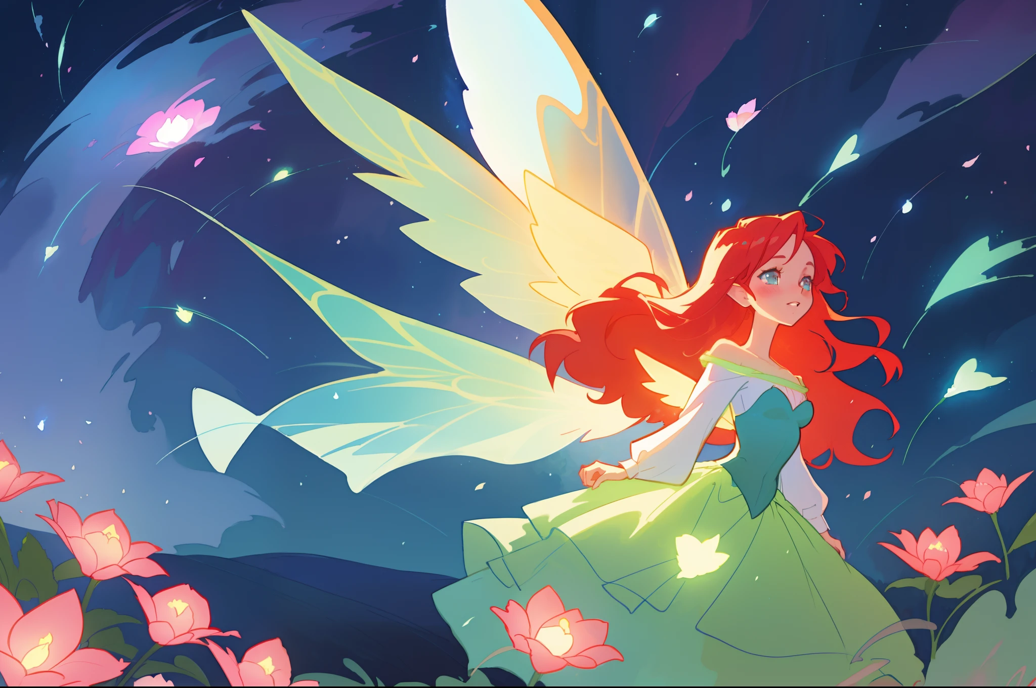 beautiful girl in flowing layered puff long sleeve ballgown, (large fairy wings), glowing flowing ballgown, glowing red hair, sparkling fairy wings, watercolor illustration, flowers and colorful plants, inspired by Glen Keane, inspired by Lois van Baarle, disney art style, by Lois van Baarle, glowing aura around her, by Glen Keane, jen bartel, glowing lights! digital painting, flowing glowing hair, glowing flowing hair, beautiful digital illustration, fantasia otherworldly landscape plants flowers, beautiful, masterpiece, best quality, anime disney style