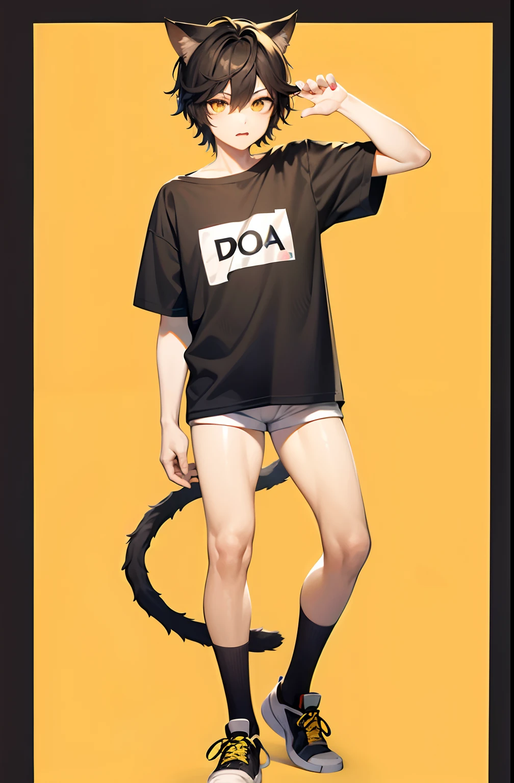 Full body portrait,cat-human hybrid,1boy,young adult,loose T-shirt with shorts,cat ears and tail, lean build,average height, white skin, brown hair, yellow eyes with slit pupils,best quality, ultra high res,looking at viewer,full body,facing front