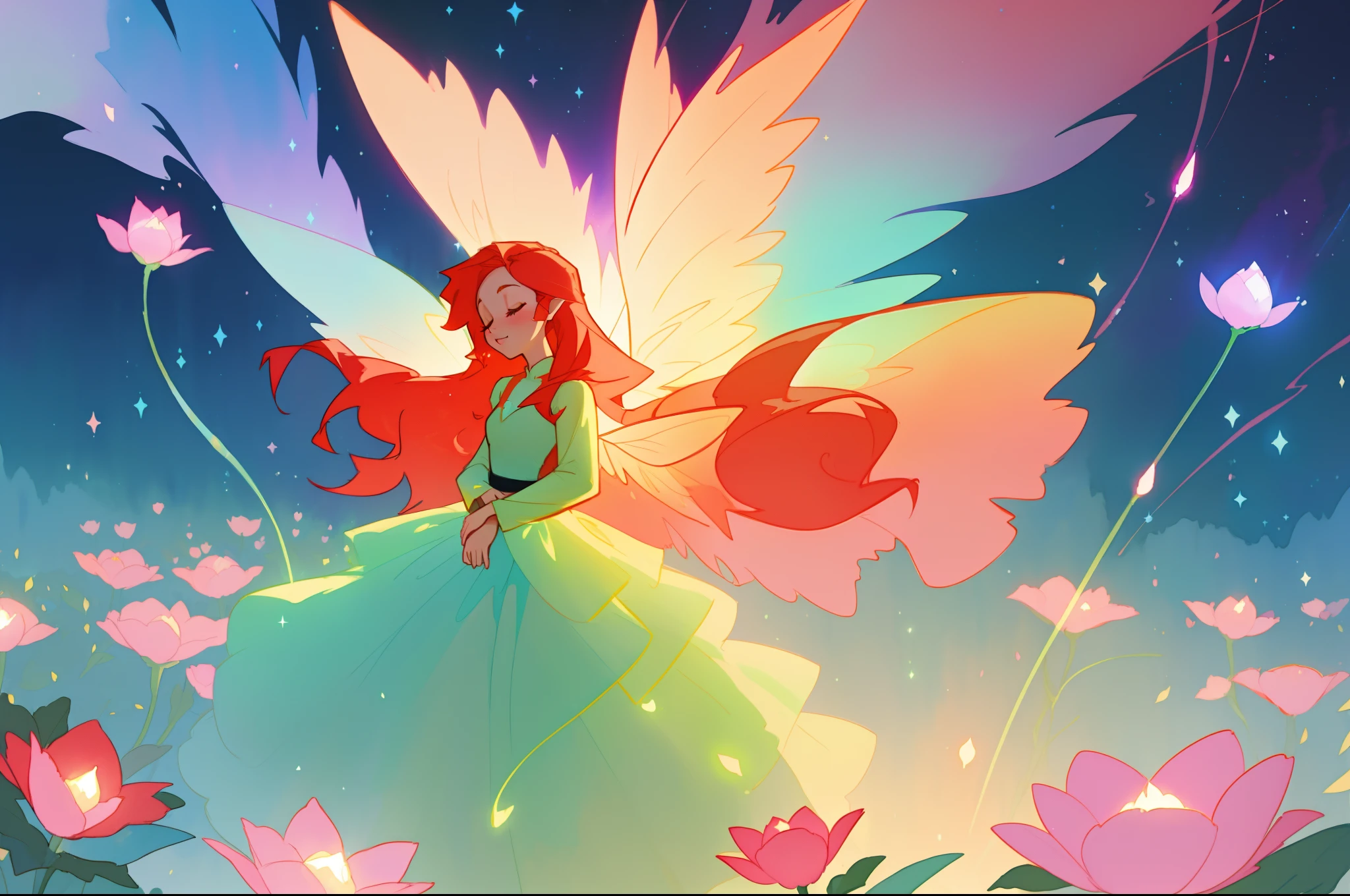 beautiful girl in flowing layered puff long sleeve ballgown, (large fairy wings), glowing flowing ballgown, glowing red hair, sparkling fairy wings, watercolor illustration, flowers and colorful plants, inspired by Glen Keane, inspired by Lois van Baarle, disney art style, by Lois van Baarle, glowing aura around her, by Glen Keane, jen bartel, glowing lights! digital painting, flowing glowing hair, glowing flowing hair, beautiful digital illustration, fantasia otherworldly landscape plants flowers, beautiful, masterpiece, best quality, anime disney style