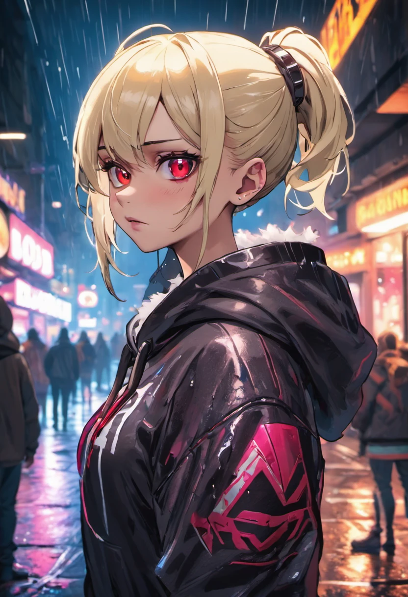 Closeup photograph, confident young cyberpunk woman with blonde and white hair in a bun, wearing a hoodie with red and blue designs on it, in a rain soaked street at night, photorealistic, cinematic lighting,((Best quality)), ((masterpiece)), (detailed:1.4), 3D, an image of a beautiful cyberpunk female,HDR (High Dynamic Range),Ray Tracing,NVIDIA RTX,Super-Resolution,Unreal 5,Subsurface scattering,PBR Texturing,Post-processing,Anisotropic Filtering,Depth-of-field,Maximum clarity and sharpness,Multi-layered textures,Albedo and Specular maps,Surface shading,Accurate simulation of light-material interaction,Perfect proportions,Octane Render,Two-tone lighting,Wide aperture,Low ISO,White balance,Rule of thirds,8K RAW,