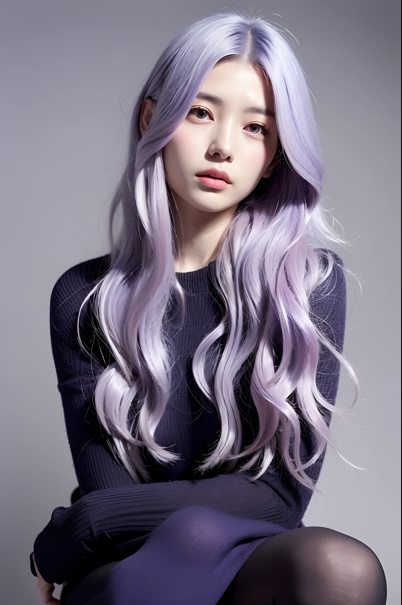 20 years old korean girl, sit down, (grey color hair), very beautiful face, sexy, black stockings, (photo realistic:1.4), city backgrounda woman with long, wavy hair with purple highlights, lavender hair, lilac hair, long light purple hair, violet hair, violet long hair, violet tones, violet color, pastel color, hair color, long wavy purple hair, long violet hair, cloudy grey hair, pastel hair, cool toned, long silver hair purple tips, dye hair, purple hair, hair coloring