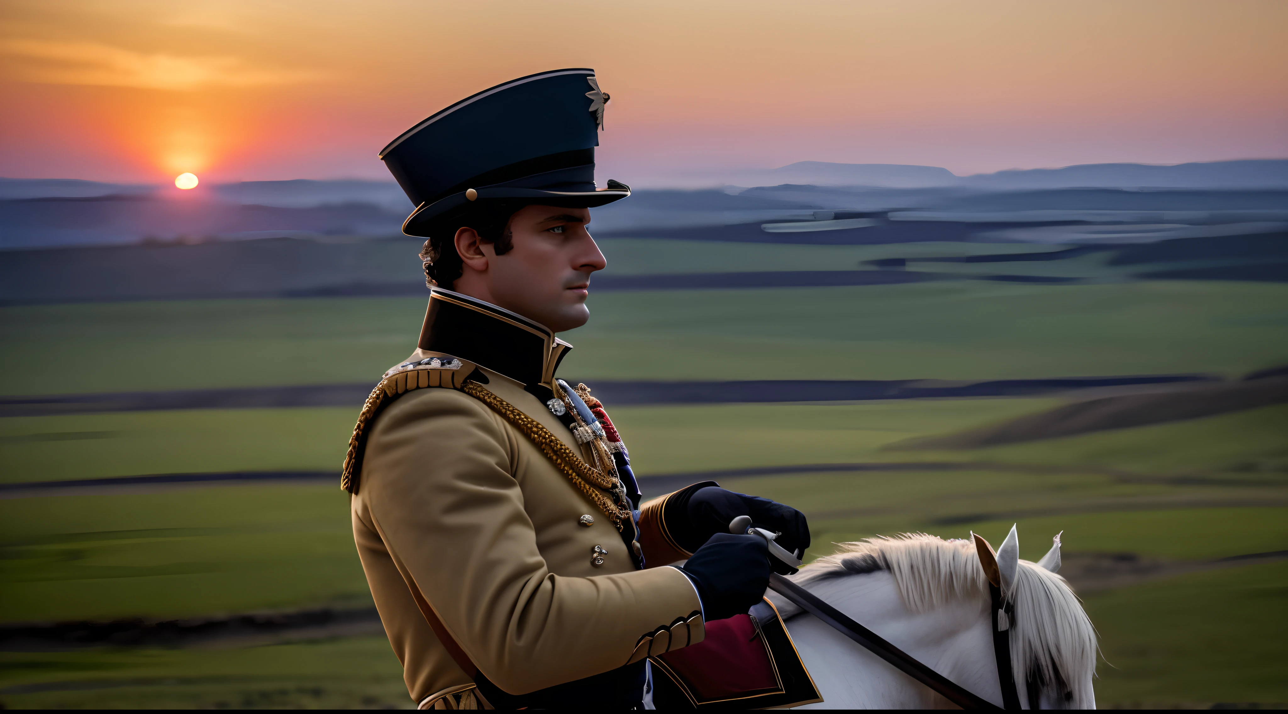 Napoleon Bonaparte, nineteenth-century clothing, french emperor, Beleza de meia-idade envelhecida e cansada da guerra, Tinta de guerra, musculoso, cabelos pretos, Olhos cansados, Cuts and Abrasions, Sunset, sombrio, (luz de fundo: 1.3), Very high resolution, profundidade de campo, (sombra profunda: 1.2), Very high detail, foco nítido, liso, rugosidade, Tiro na Canon EOS R5, O 50mm, F/2.8, HDR, vida real, retroiluminado, Realismo, fotografia, film The Napoleon Bonaparte