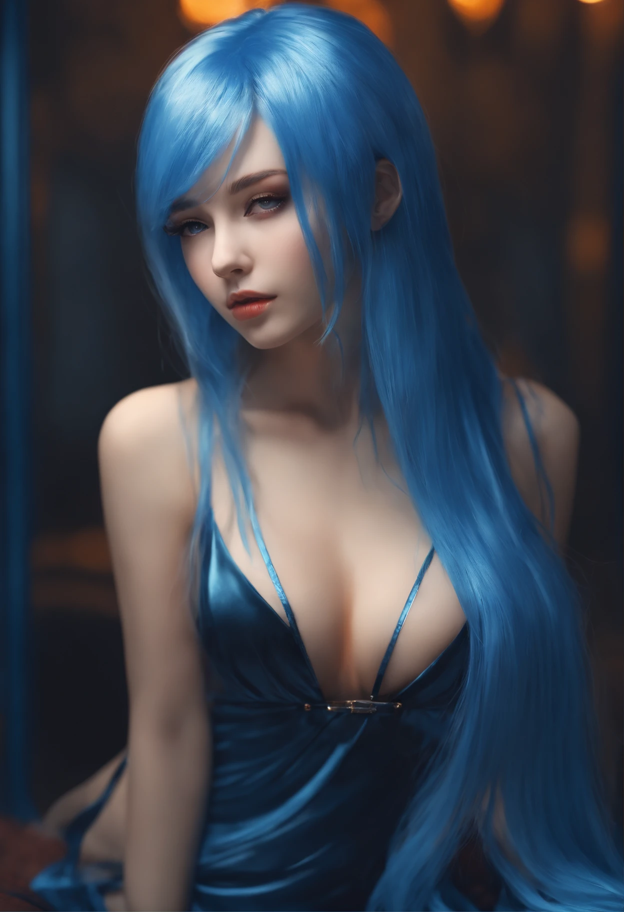 long Blue hair, wet body, nice boobs, best quality, ultra-detailliert, Realistisch,Meisterhafte Kunstfertigkeit, dark tunnel, alone, ,Blau-orange-Lichter auf den boden, leichter rauch im hintergrund, blue eyes, Shy anime girl with blue hair, posiert in einem dunklen zimmer, seductive anime girl, Great Oppai, Demon Anime Girl no dress, naked