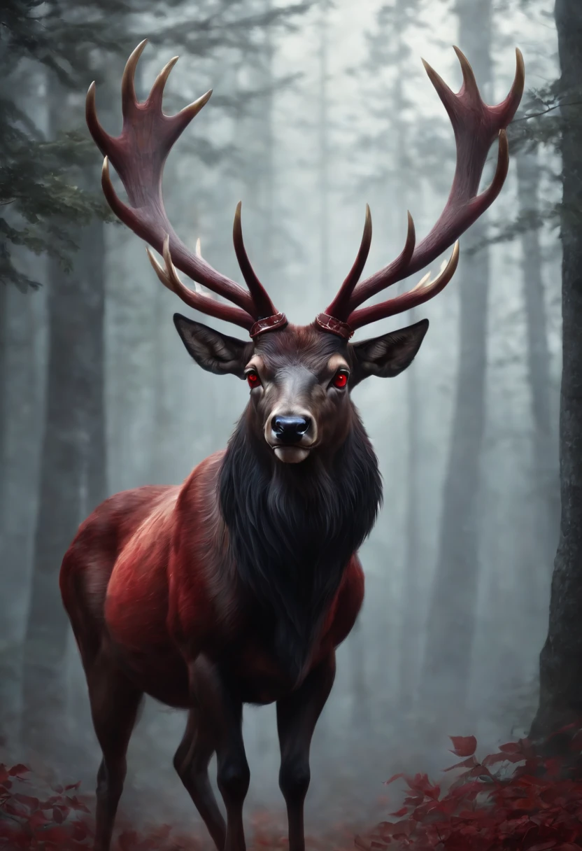 a detailed anime drawing of a huge strong ((black)) male deer with ((deep red eyes)) that gives off a dangerous aura with large dangerous antlers getting ready to attack