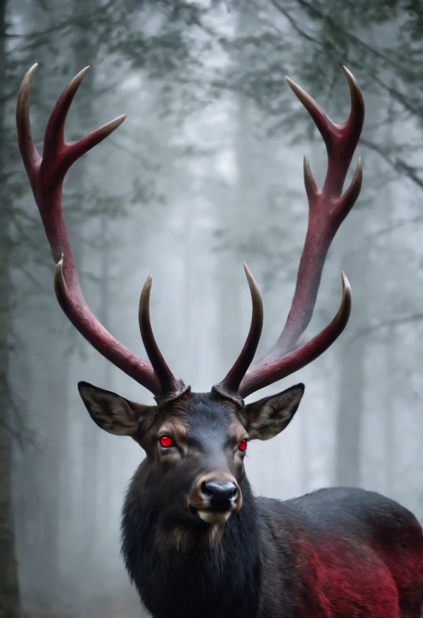 a detailed anime drawing of a huge strong ((black)) male deer with ((deep red eyes)) that gives off a dangerous aura with large dangerous antlers getting ready to attack