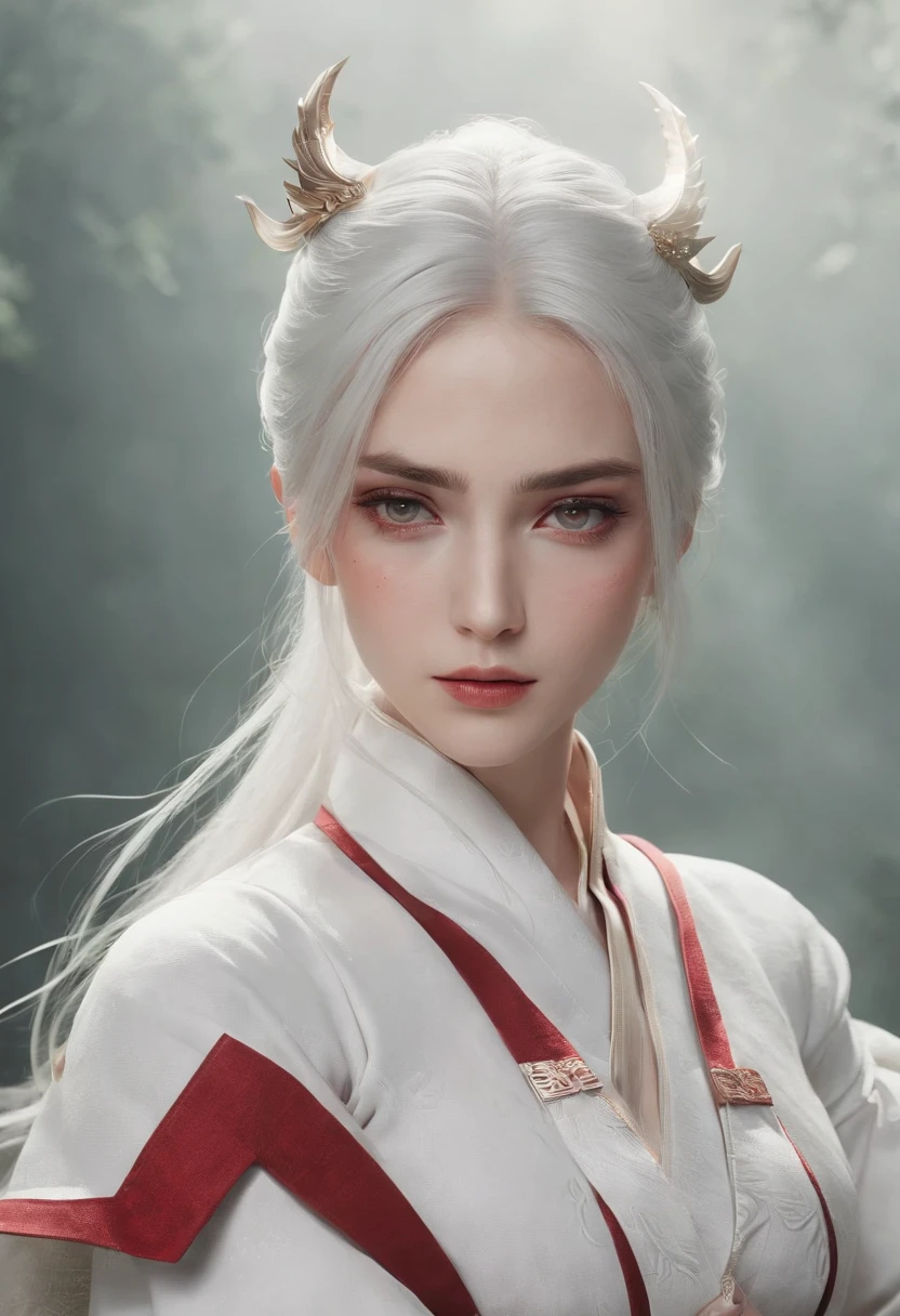 Cirilla Fiona Elen Riannon,动态照明,art stations,poster for,Volumetriclighting,Very detailed faces,4k wallpapers,He has a delicate and beautiful face,long hair flowing,horse tailed,Fringed Hair Ornament,Dynamic perspective,White Hanfu,White gauze flying,red waistband,Sexy,Tradition Chinese Ink Painting,Surrounded by clouds,fog atmosphere,Ride a white dragon,White dragon horn,dynamic viewing angle,电影灯光