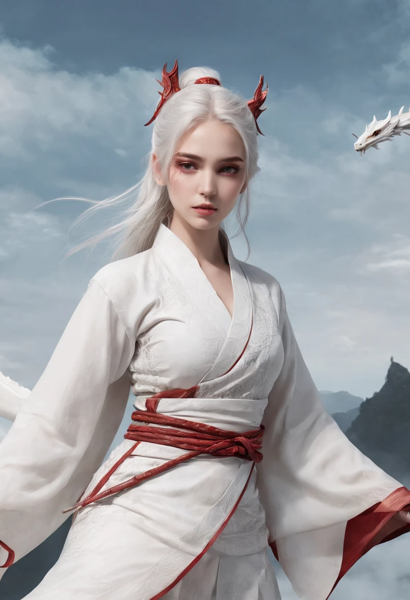 Cirilla Fiona Elen Riannon，动态照明，art  stations，poster for，Volumetriclighting，Very detailed faces，4k wallpapers，He has a delicate and beautiful face，long hair flowing，horse tailed，Fringed Hair Ornament，Dynamic perspective，White Hanfu，White gauze flying，red waistband，Sexy，Tradition Chinese Ink Painting，Surrounded by clouds，fog atmosphere，Ride a white dragon，White dragon horn，dynamic viewing angle，电影灯光