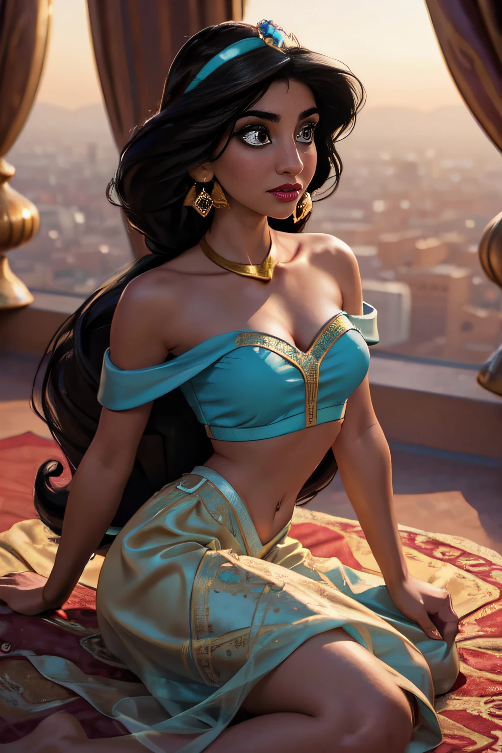 (Masterpiece, Best Quality, Highres:1.2), Detailed, Intricate Details, 4K, 1Girl, (Solo:1.2), jasmine, long hair, breasts, black hair, navel, cleavage, bare shoulders, brown eyes, jewelry, earrings, midriff, dark skin, necklace, off shoulder, blurry, dark-skinned female, crop top, blue shirt, circlet, off-shoulder shirt, arabian clothes, looking at viewer outdoors,, Princess Jasmine's Sitting cross-legged on the Magic Carpet, The Magic Carpet flying ascending into the twilight skies, the city of Baghdad stretches out below them like a sprawling tapestry. background city of Bagdad, sunset, golden hour,