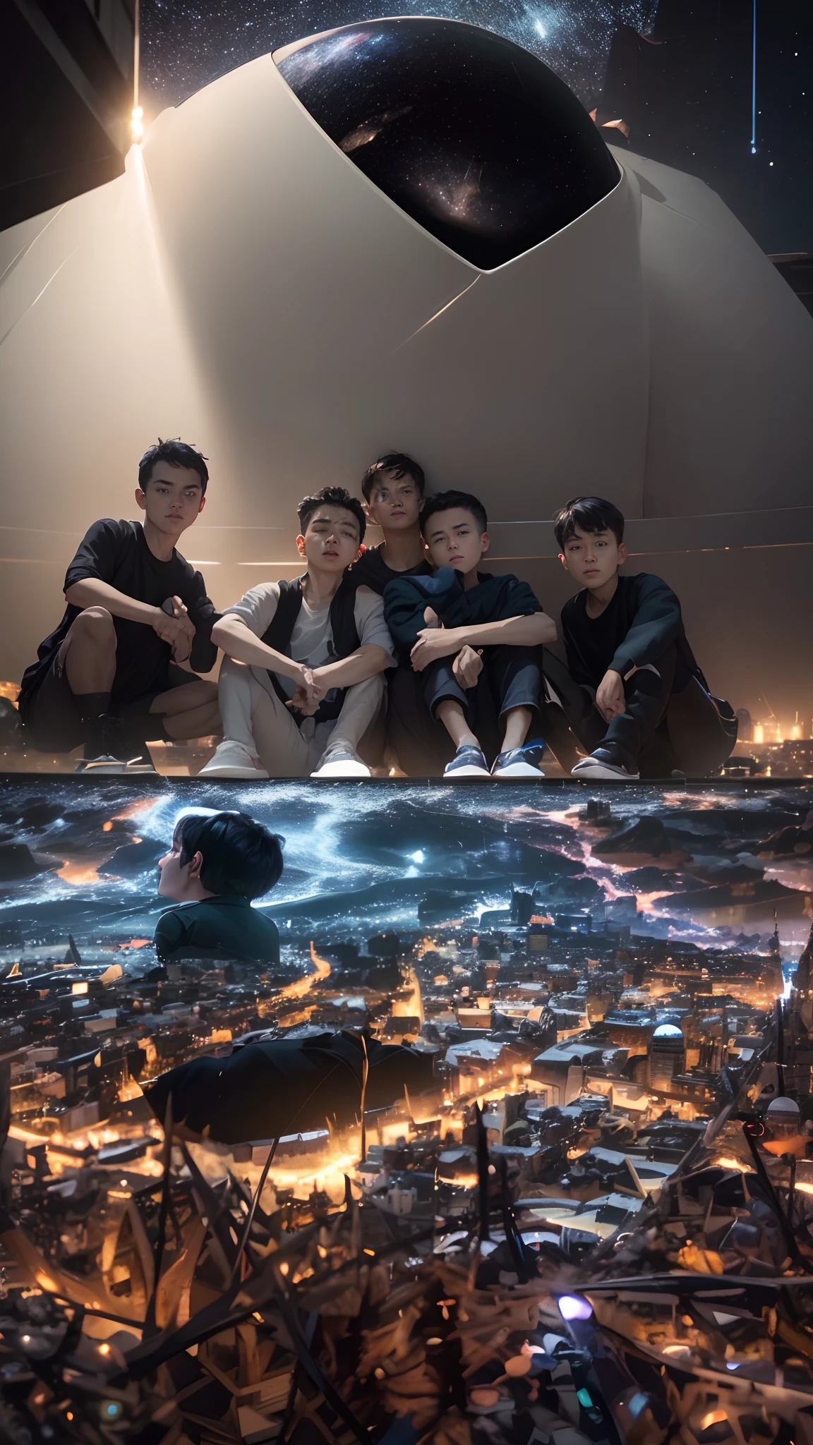 masterpiece、Adults、30Uncle of the generation、twinks、Forehead、30-years old、A dark-haired、Black jacket、Black pants、white t-shirts、Give bangs、Sticking out your forehead、twinks、Eyes drawn in detail、a handsome、Inside the city、starrysky、Mystical light、Dramatic light、Cinematic power、
