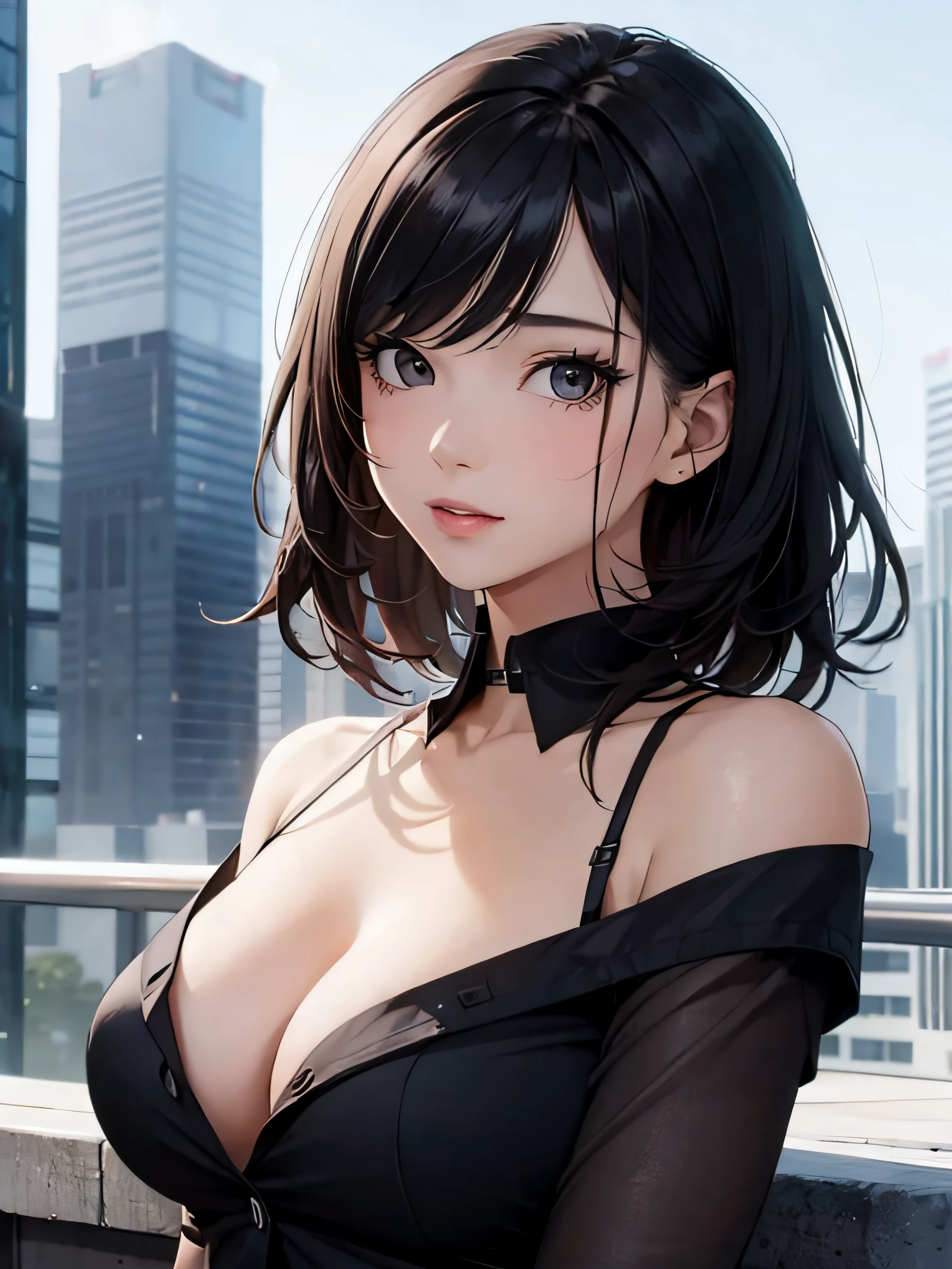 a girl with low-cut shirt, medium breasts, flirtatious look, very well detailed, cityscape or academy, black hair,