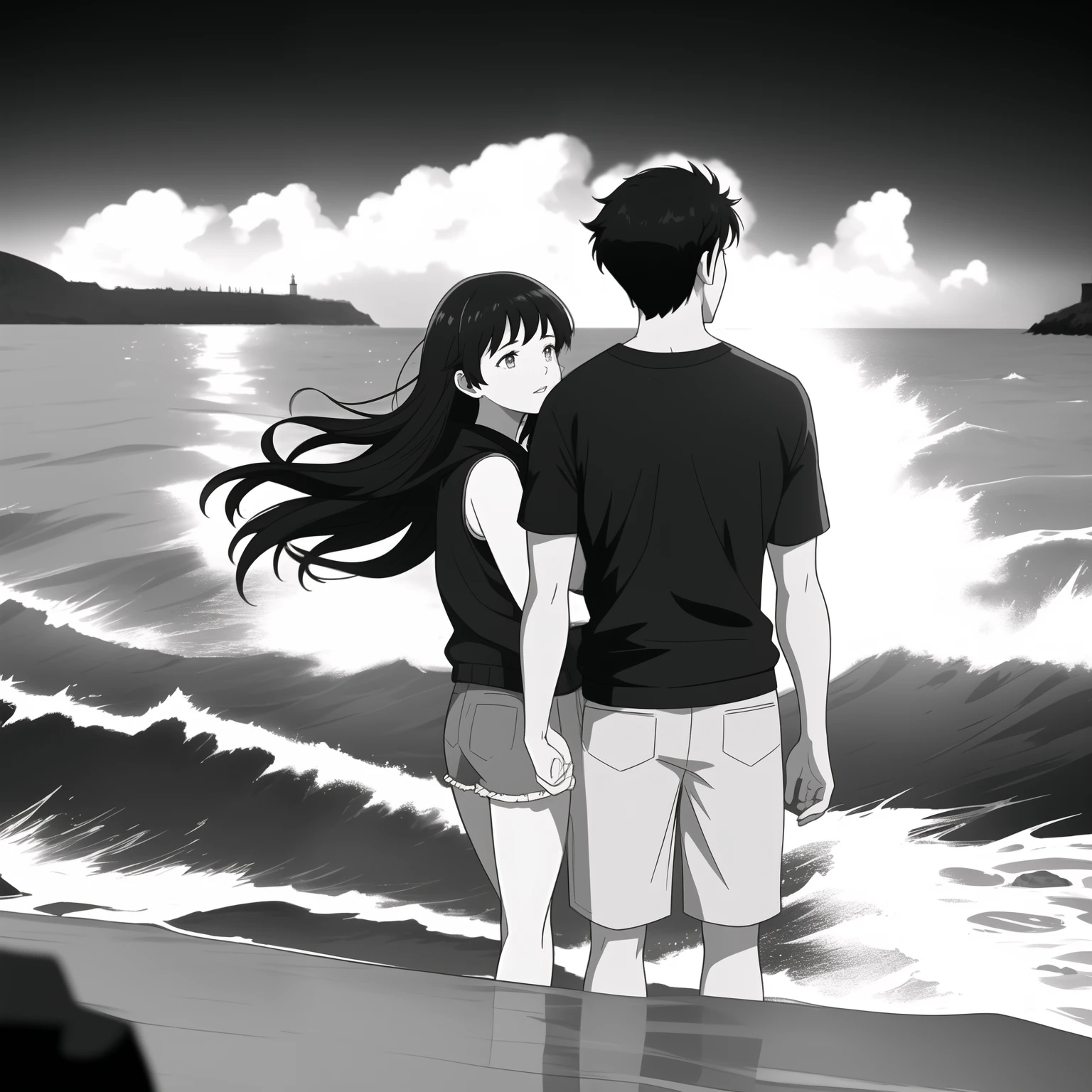 same height, equal height, In a classic black and white sketch, a young teenage couple is set against a maritime backdrop. The scene unfolds on a rocky coastline where waves crash against the shore, and a majestic lighthouse stands tall in the background, its light cutting through the night.

The young man, a slim figure in his late teens, possesses a distinctive look with his medium-length hair flowing freely in the breeze. His prominent lips and slightly slanted eyes convey an air of mystery and curiosity. As he gazes out at the ocean, there's a sense of contemplation and wonder in his expression.

The girl, with her back short hair and dressed in a white hooded sweatshirt with short sleeves and gray shorts, exudes a sense of casual elegance. Her face reflects a mix of emotions – from contentment to a hint of playful affection. As she leans into the young man's embrace, there's an unspoken connection between them that transcends words.

The couple is seated on the rugged rocks by the coastline, with the young man's arm affectionately wrapped around the girl's shoulder. They gaze out at the vast ocean, captivated by the serene beauty of the lighthouse's beam cutting through the darkness. The sketch captures a moment of youthful romance, where the simplicity of their attire and the timeless backdrop create an atmosphere of nostalgia and serenity.
