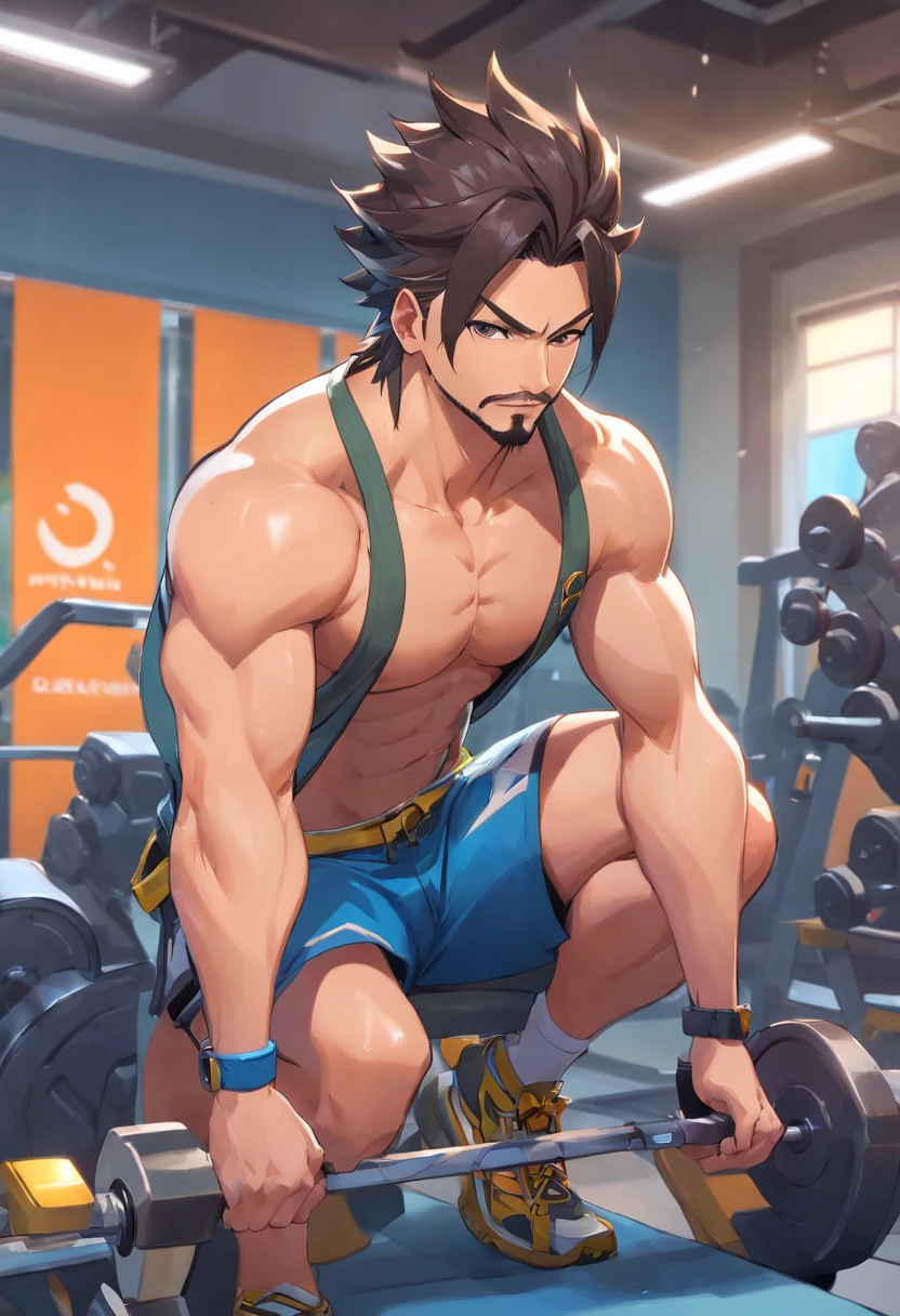 Hanzo Overwatch working out in a bodybuilding gym, well-defined muscles, focus in muscles, detailed biceps and triceps, cabelo perfeito, rosto perfeito, perfect hands, dedos perfeitos