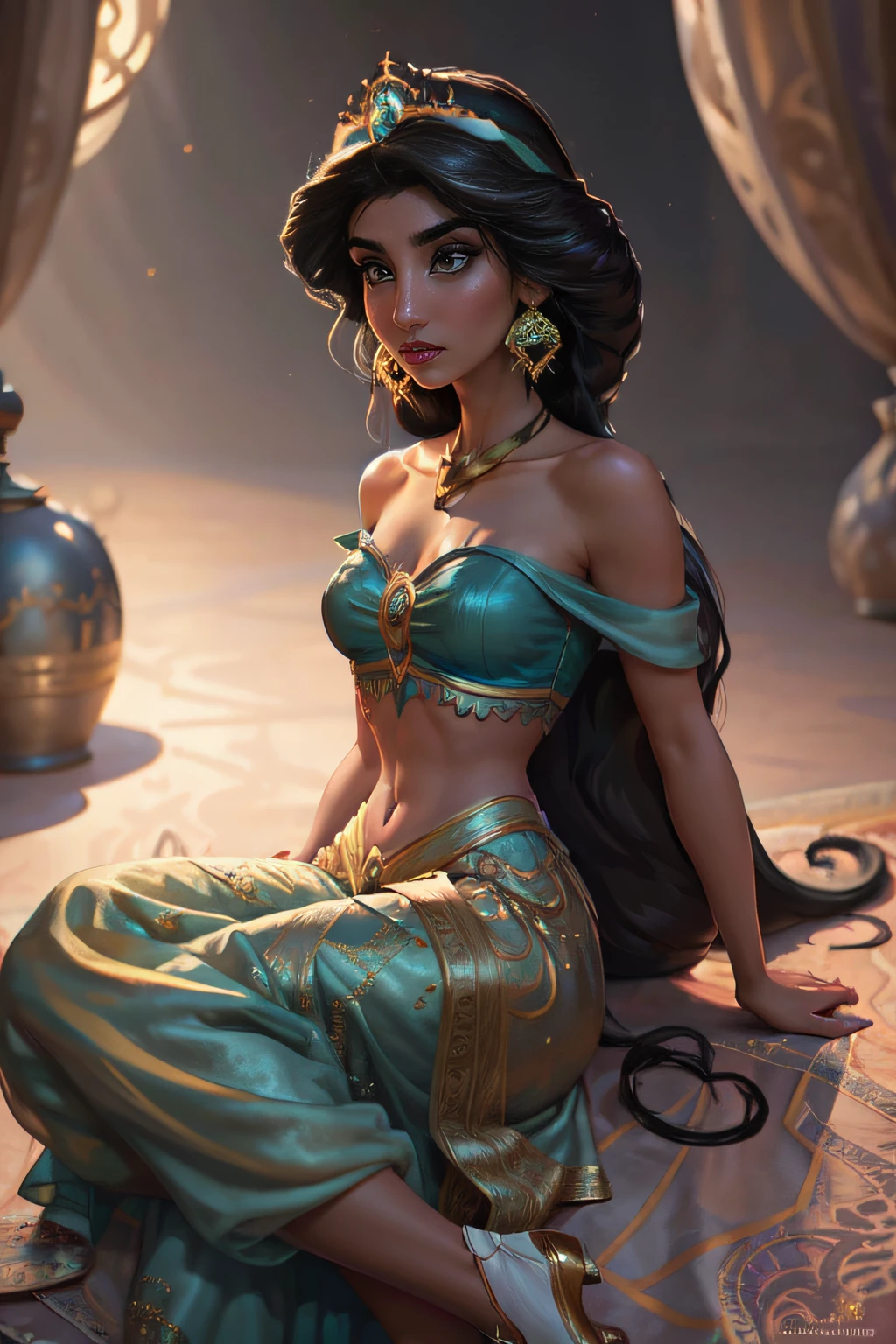 (Masterpiece, Best Quality, Highres:1.2), Detailed, Intricate Details, 4K, 1Girl, (Solo:1.2), jasmine, long hair, breasts, black hair, navel, cleavage, bare shoulders, brown eyes, jewelry, earrings, midriff, dark skin, necklace, off shoulder, blurry, dark-skinned female, crop top, blue shirt, clenched hands, circlet, off-shoulder shirt, arabian clothes, looking at viewer outdoors,, Princess Jasmine's Sitting cross-legged on the Magic Carpet, Jasmine's posture is the embodiment of poise. Her demeanor exudes a sense of calm confidence and grace, as befits a princess who is no stranger to adventure. The Magic Carpet itself is a marvel of ancient magic, the carpet ascend into the twilight skies, the city of Baghdad stretches out below them like a sprawling tapestry. Un primer plano de un personaje de dibujos animados sentado en una alfombra, Princess Jasmine, Hermosa chica genio, Dibujos animados de Disney, Jasmine Princes, Disney Disney, Personaje de Disney, Jasmine, Aladdin, arab princess, Princesa Disney, Artista de Disney, arabic, La princesa de Disney,