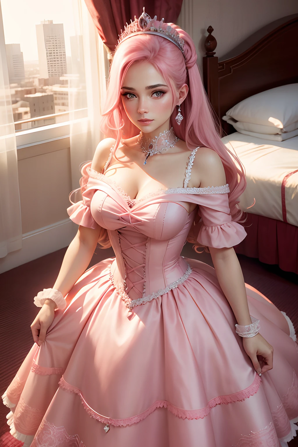 best quality, masterpiece, super high resolution, (realistic:1.4), original photo, 1girl, white legs, pink eyes, ((pink hair)), collarbone, dress, drilled hair, frilled dress, frills, gloves, hair accessory, high resolution, league of legends, long hair, parted lips, fluffy sleeves, pink pupils, smile, solo, white dress, x, x hair ornament, delicate face, lying on bed, lying on side, eyeliner, lipstick, lips, red lips, ((white stockings)), (blushing) ，