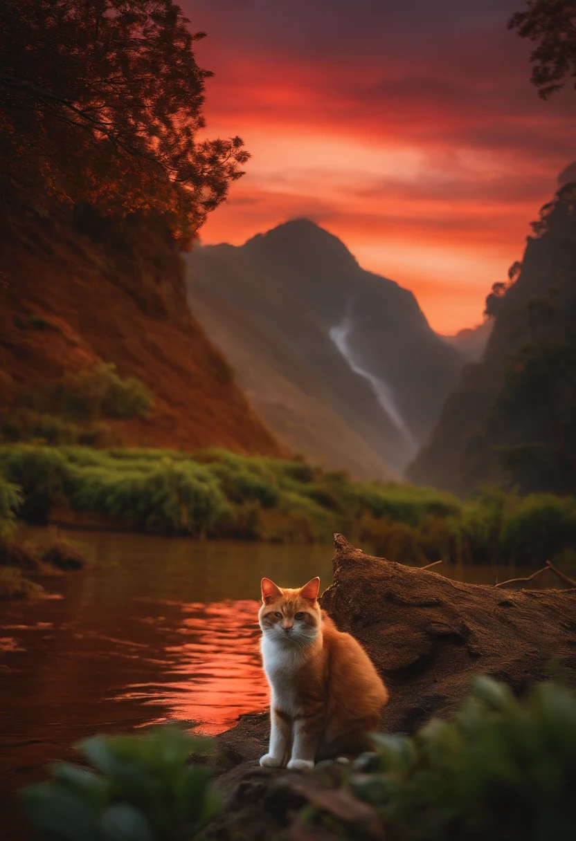 paisagem 8k, com uma lua vermelha, um gato