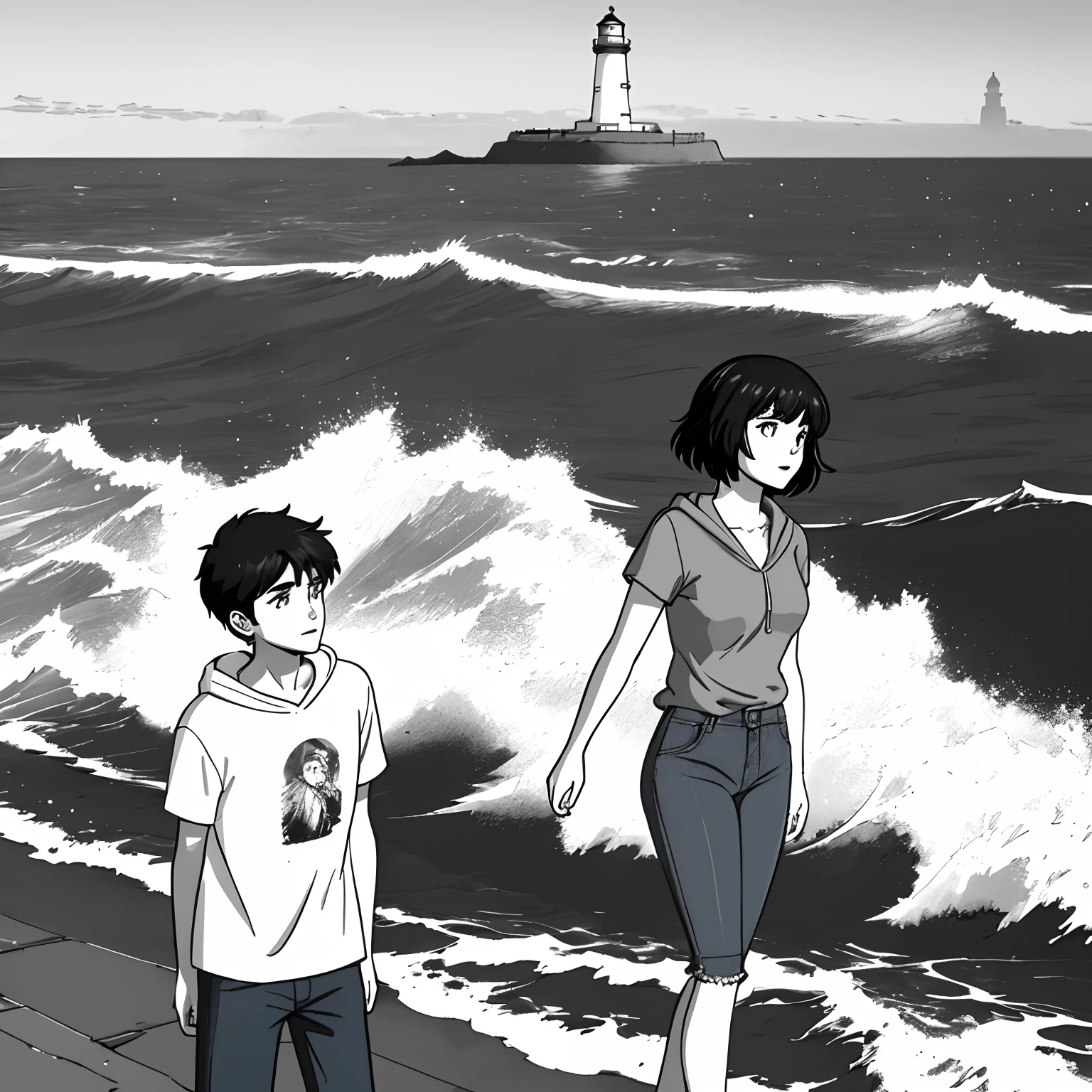 In a classic black and white sketch, a young teenage couple is set against a maritime backdrop. The scene unfolds on a rocky coastline where waves crash against the shore, and a majestic lighthouse stands tall in the background, its light cutting through the night. The young man, a slim figure in his late teens, boasts medium-length hair that flows effortlessly. His prominent lips and slightly slanted eyes give him a distinctive and enigmatic appearance. He's dressed casually in vintage-inspired attire, such as a graphic tee and faded jeans, adding a touch of retro charm to the scene. The girl, on the other hand, has short hair and wears a white hooded sweatshirt with short sleeves. She pairs it with comfortable gray shorts, exuding an effortless and laid-back style. Her outfit is perfect for a casual evening by the sea. The couple is seated on the rugged rocks by the coastline, with the young man's arm affectionately wrapped around the girl's shoulder. They gaze out at the vast ocean, captivated by the serene beauty of the lighthouse's beam cutting through the darkness. The sketch captures a moment of youthful romance, where the simplicity of their attire and the timeless backdrop create an atmosphere of nostalgia and serenity.