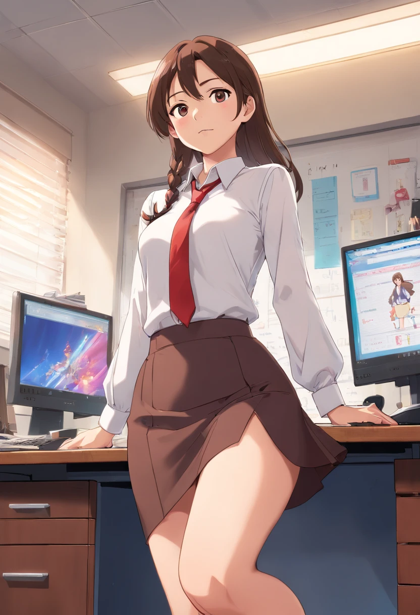 (masterpiece, top quality, best quality, highly detailed:1.2), colorful, 1girl, solo, photo of an office worker woman standing next to her desk and pooping her diaper, pooping self, having an accident, office, indoor, standing, poop stain, diaper, miniskirt, wet diaper, pooping