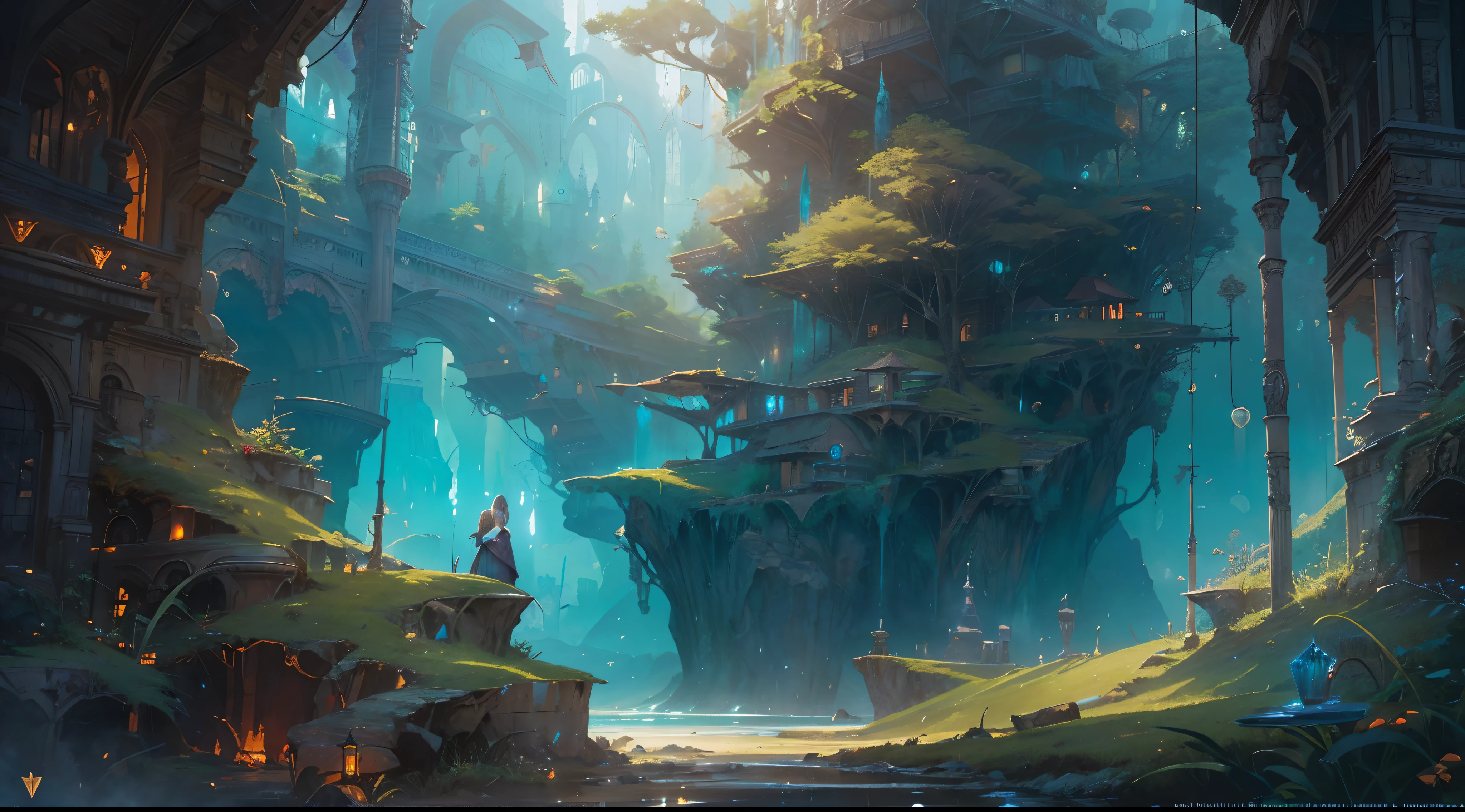 "(by Greg Rutkowski: 1.2), (masterpiece), (best quality), extremely delicate and beautiful, illustration, (fantasy landscape), A mesmerizing fantasy landscape with enchanting elements blending seamlessly. ((fantasy realm filled with fantasy creature)), huge crystal, adorned with vibrant blue hue glow reflecting off the surroundings. A sense of tranquility and wonder fills the air, inviting exploration and discovery. Providing a distant view that captures the grandeur and atmosphere. From Brian Froud and Carne Griffiths and Wadim Kashin and John William Waterhouse, 8K post-production, high resolution, hyperdetailed, depth of field, HDR, intricate"