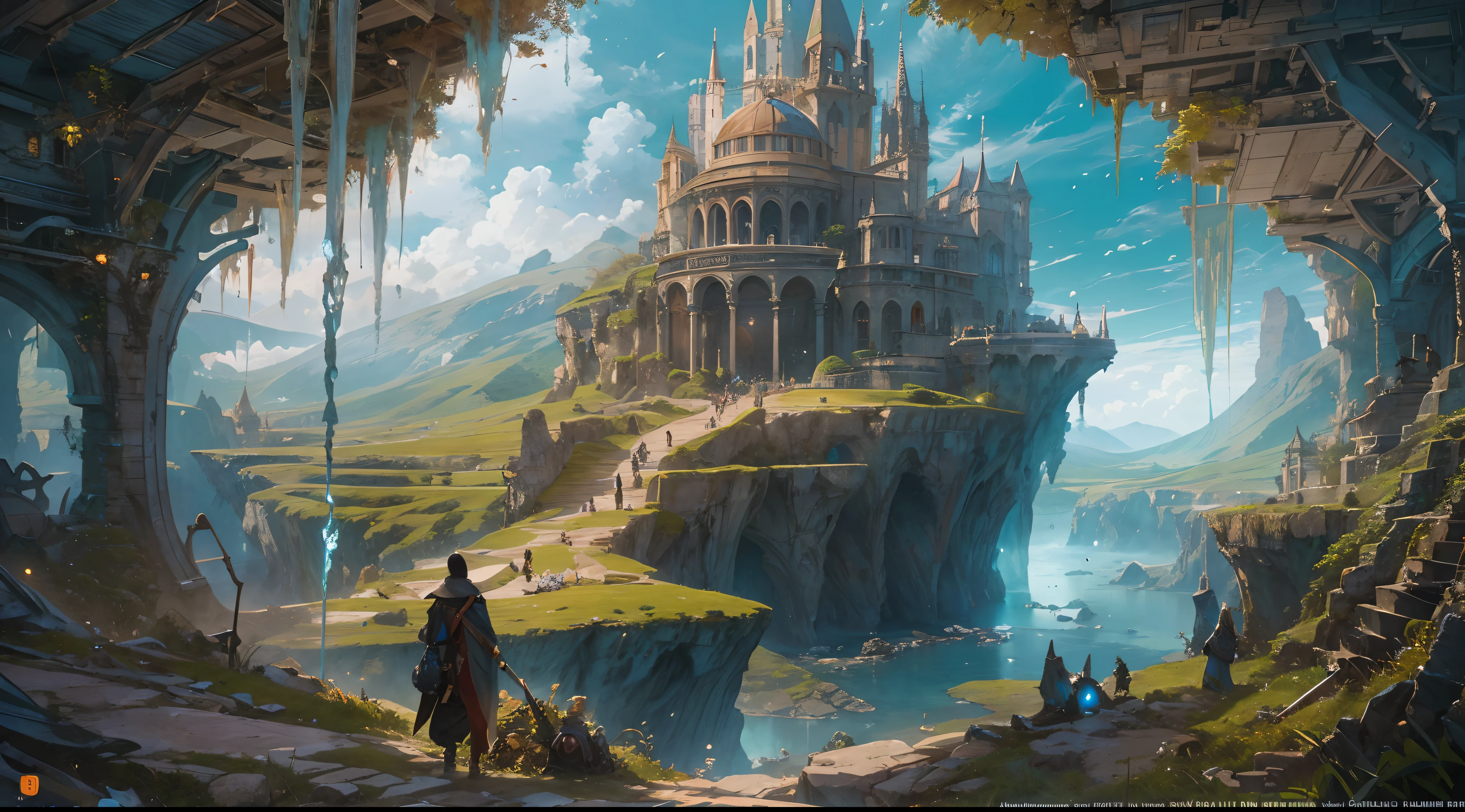 "(by Greg Rutkowski: 1.2), (masterpiece), (best quality), extremely delicate and beautiful, illustration, (fantasy landscape), A mesmerizing fantasy landscape with enchanting elements blending seamlessly. ((fantasy realm filled with fantasy creature)), huge crystal, adorned with vibrant blue hue glow reflecting off the surroundings. A sense of tranquility and wonder fills the air, inviting exploration and discovery. Providing a distant view that captures the grandeur and atmosphere. From Brian Froud and Carne Griffiths and Wadim Kashin and John William Waterhouse, 8K post-production, high resolution, hyperdetailed, depth of field, HDR, intricate"