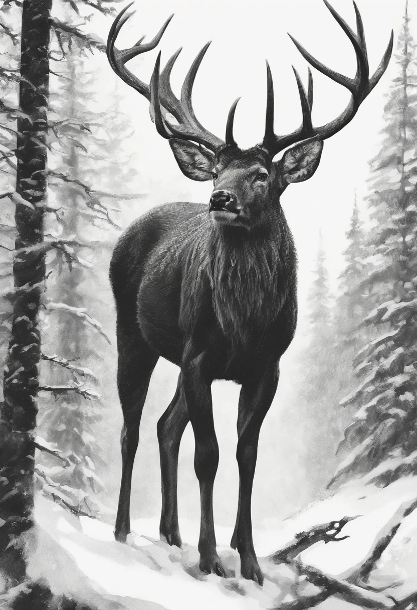 a detailed anime drawing of a huge strong ((black)) male deer with ((deep red eyes)) that gives off a dangerous aura with large dangerous antlers getting ready to attack