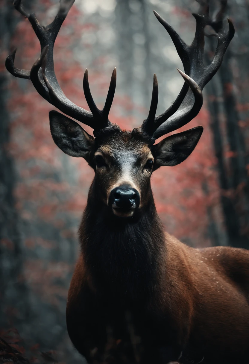 a detailed anime drawing of a huge strong ((black)) male deer with ((deep red eyes)) that gives off a dangerous aura with large dangerous antlers getting ready to attack
