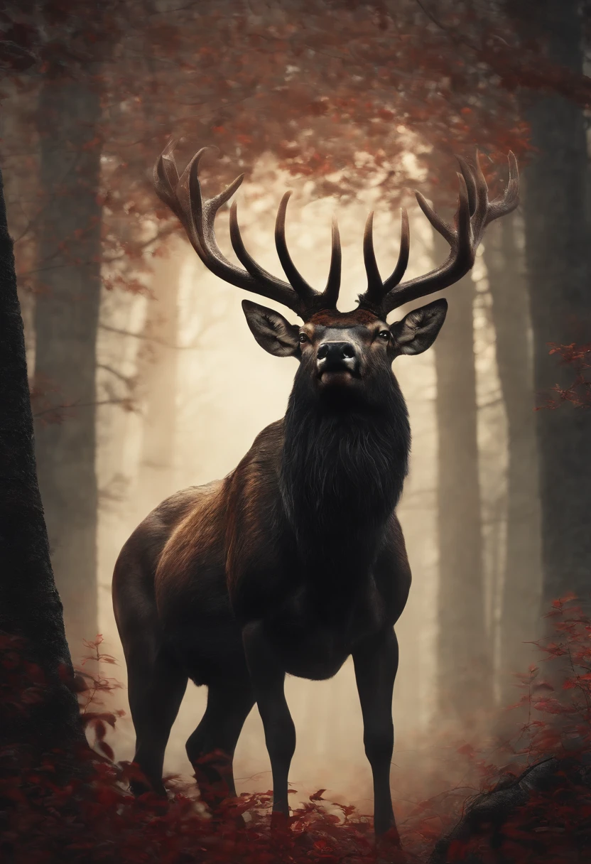 a detailed anime drawing of a huge strong ((black)) male deer with ((deep red eyes)) that gives off a dangerous aura with large dangerous antlers getting ready to attack
