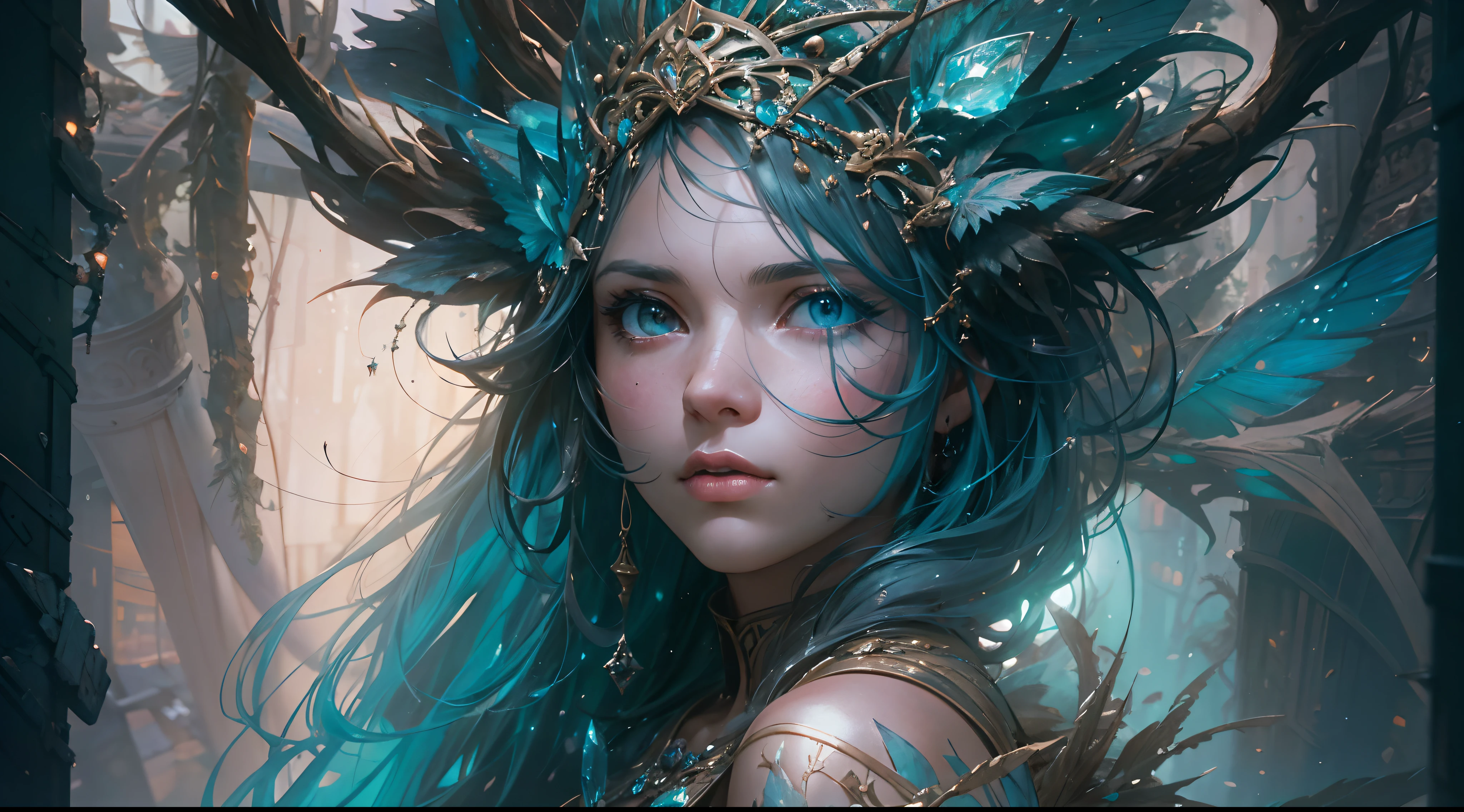 "(by Greg Rutkowski: 1.2), (masterpiece), (best quality), extremely delicate and beautiful, illustration, (fantasy landscape), A mesmerizing fantasy landscape with enchanting elements blending seamlessly. ((fantasy realm filled with fantasy creature)), huge crystal, adorned with vibrant blue hue glow reflecting off the surroundings. A sense of tranquility and wonder fills the air, inviting exploration and discovery. Providing a distant view that captures the grandeur and atmosphere. From Brian Froud and Carne Griffiths and Wadim Kashin and John William Waterhouse, 8K post-production, high resolution, hyperdetailed, depth of field, HDR, intricate"